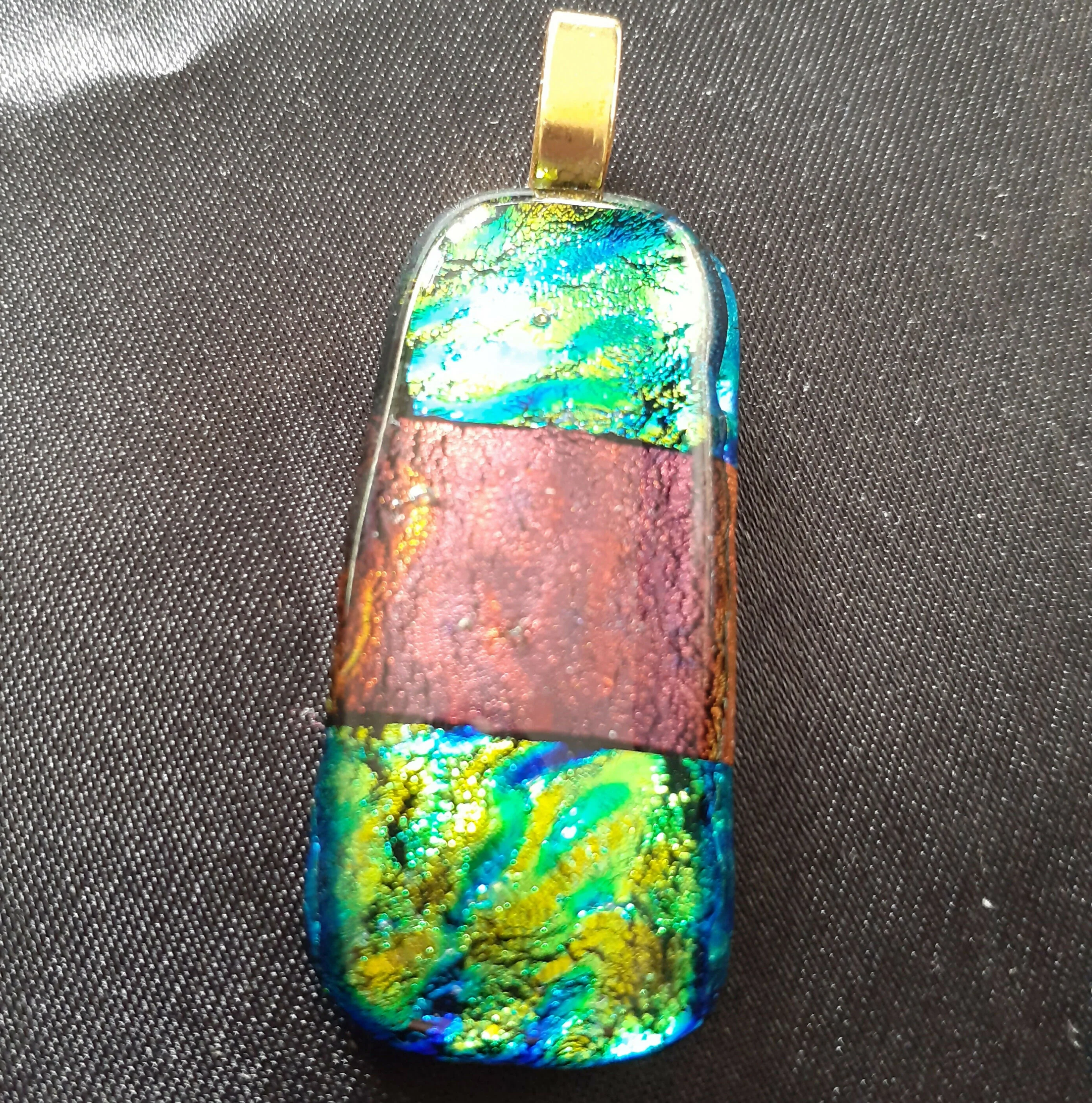 Fused Dichroic Glass Rectangular Pendant With a Gold Coloured Chain Necklace (Green/Gold and Dark Red) - Image 2