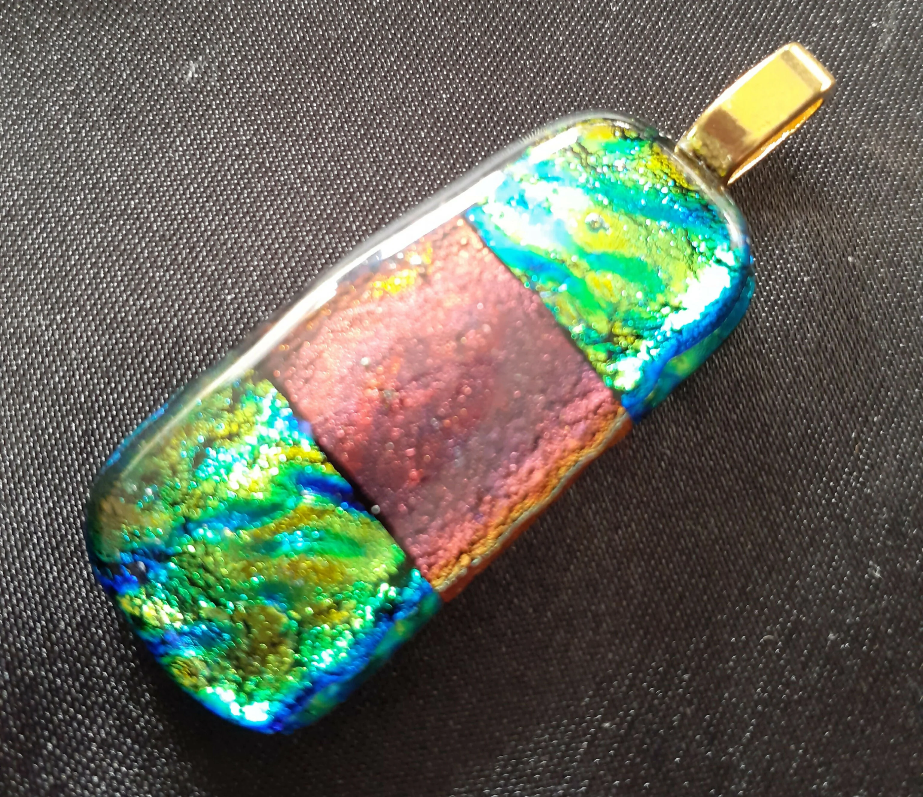 Fused Dichroic Glass Rectangular Pendant With a Gold Coloured Chain Necklace (Green/Gold and Dark Red) - Image 3