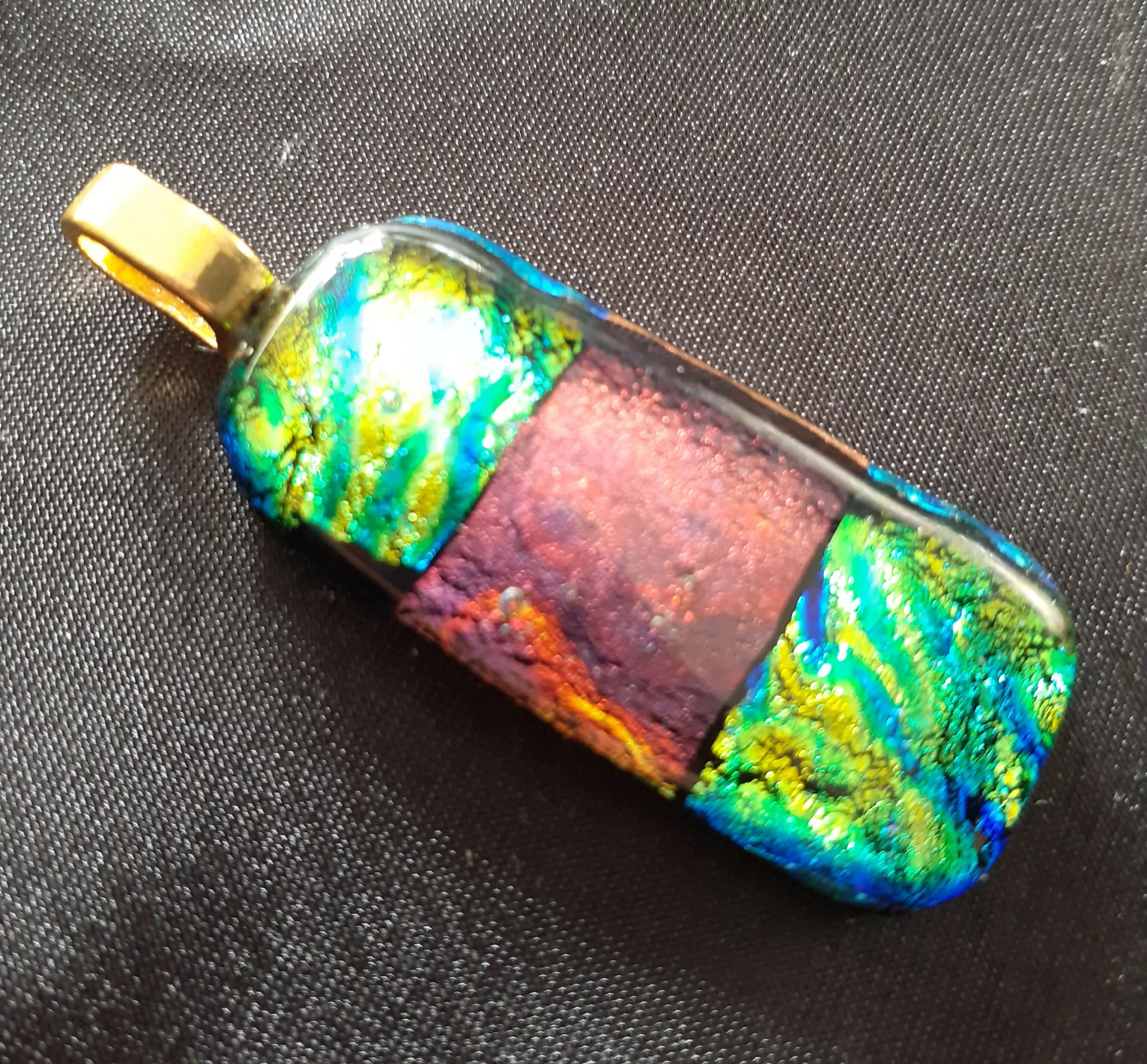 Fused Dichroic Glass Rectangular Pendant With a Gold Coloured Chain Necklace (Green/Gold and Dark Red) - Image 4
