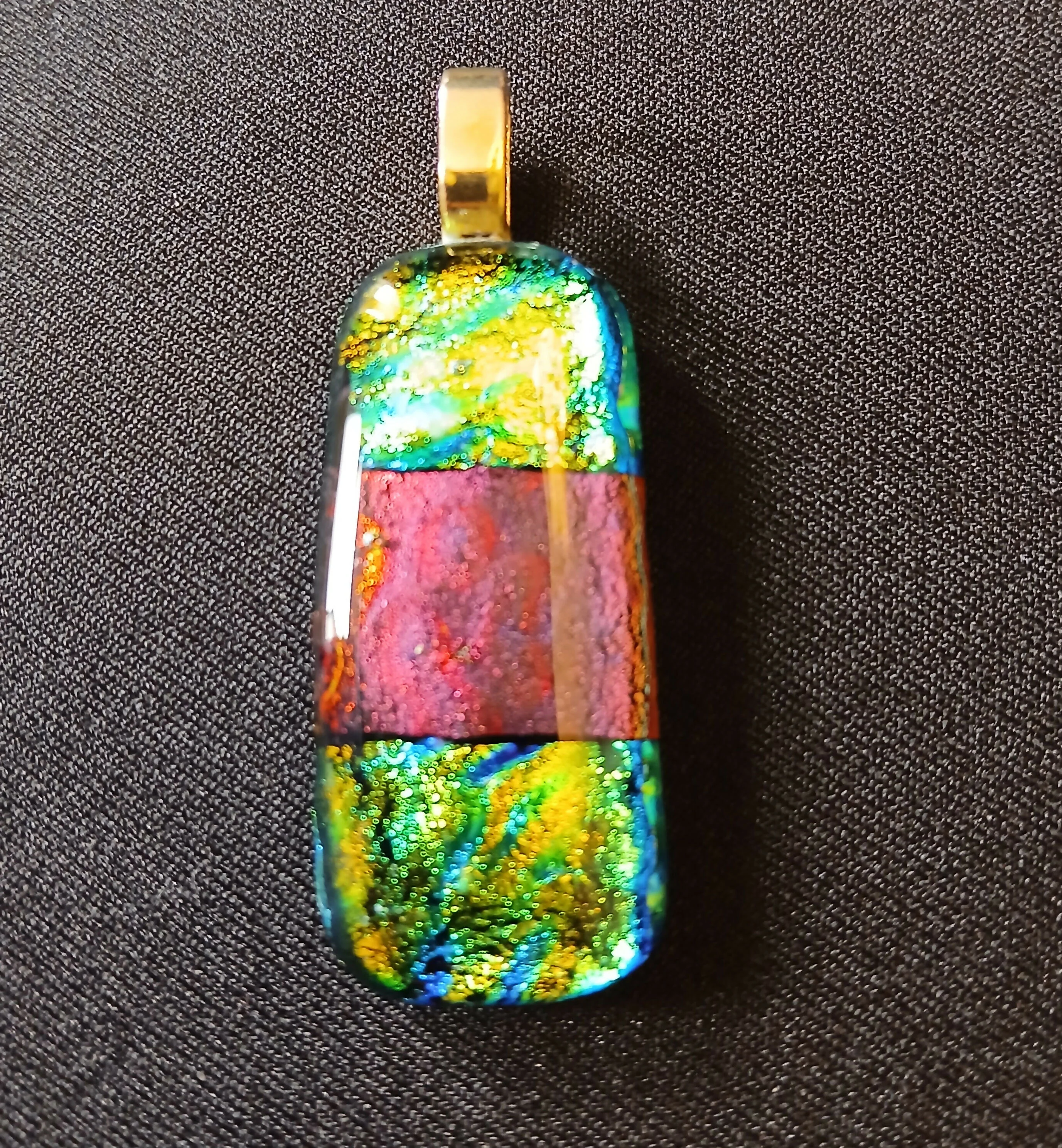 Fused Dichroic Glass Rectangular Pendant With a Gold Coloured Chain Necklace (Green/Gold and Dark Red) - Image 5