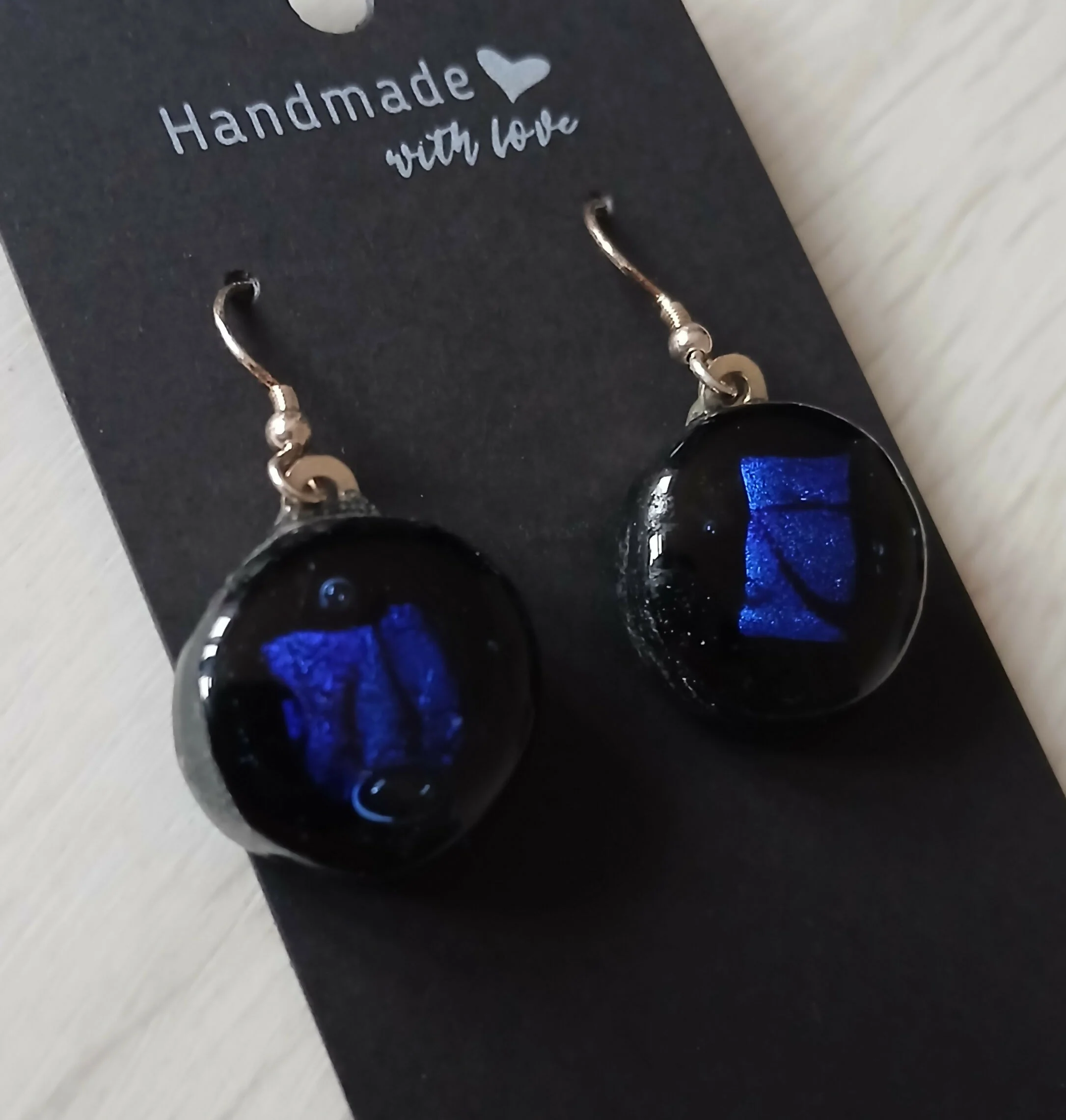 Fused Dichroic Glass Round Earrings in Blue and Black with Sterling Silver Hooks - Image 2