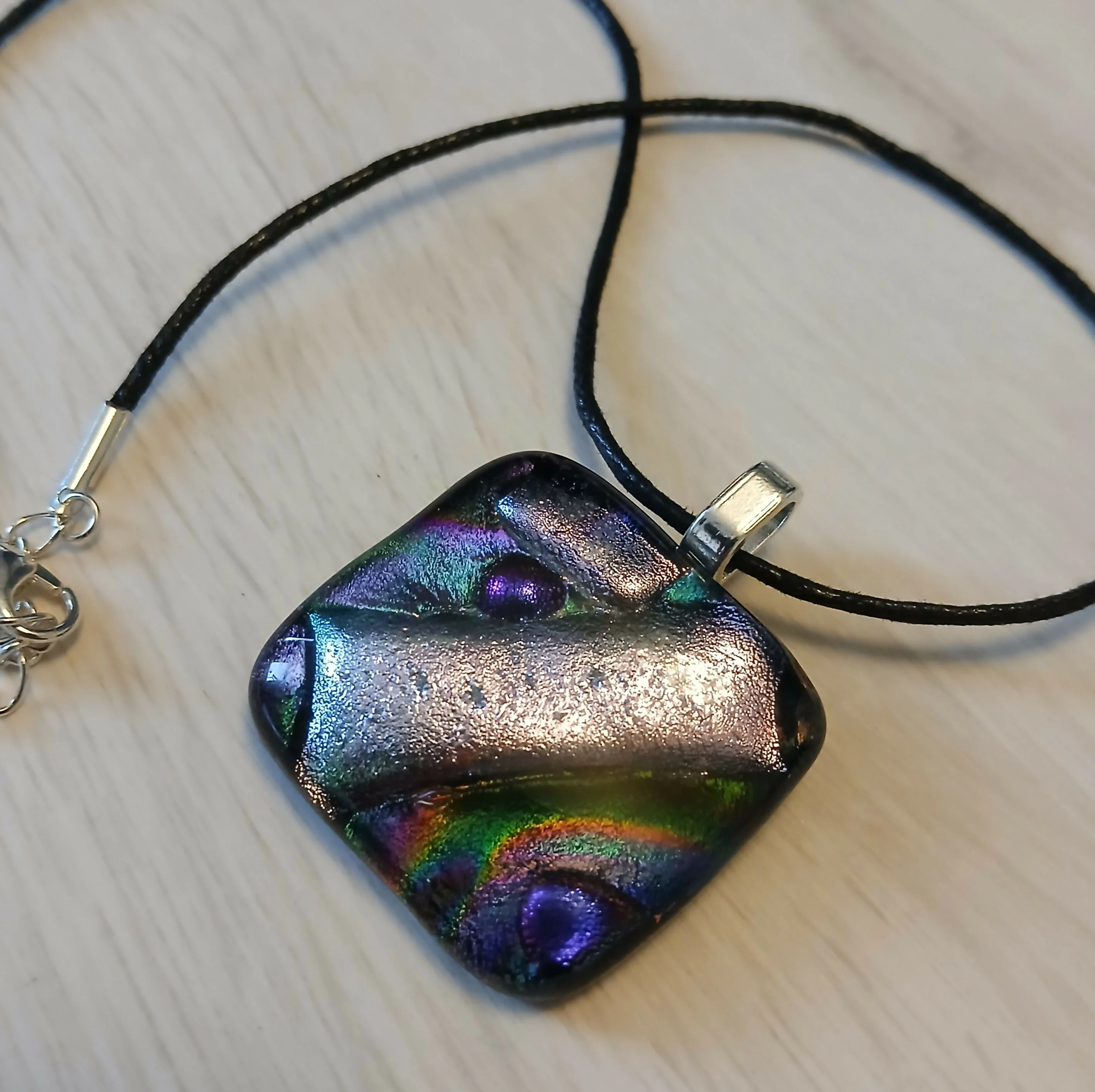 Fused Dichroic Glass Square Pendant With a Cord Necklace (Silver, Purple and Green)