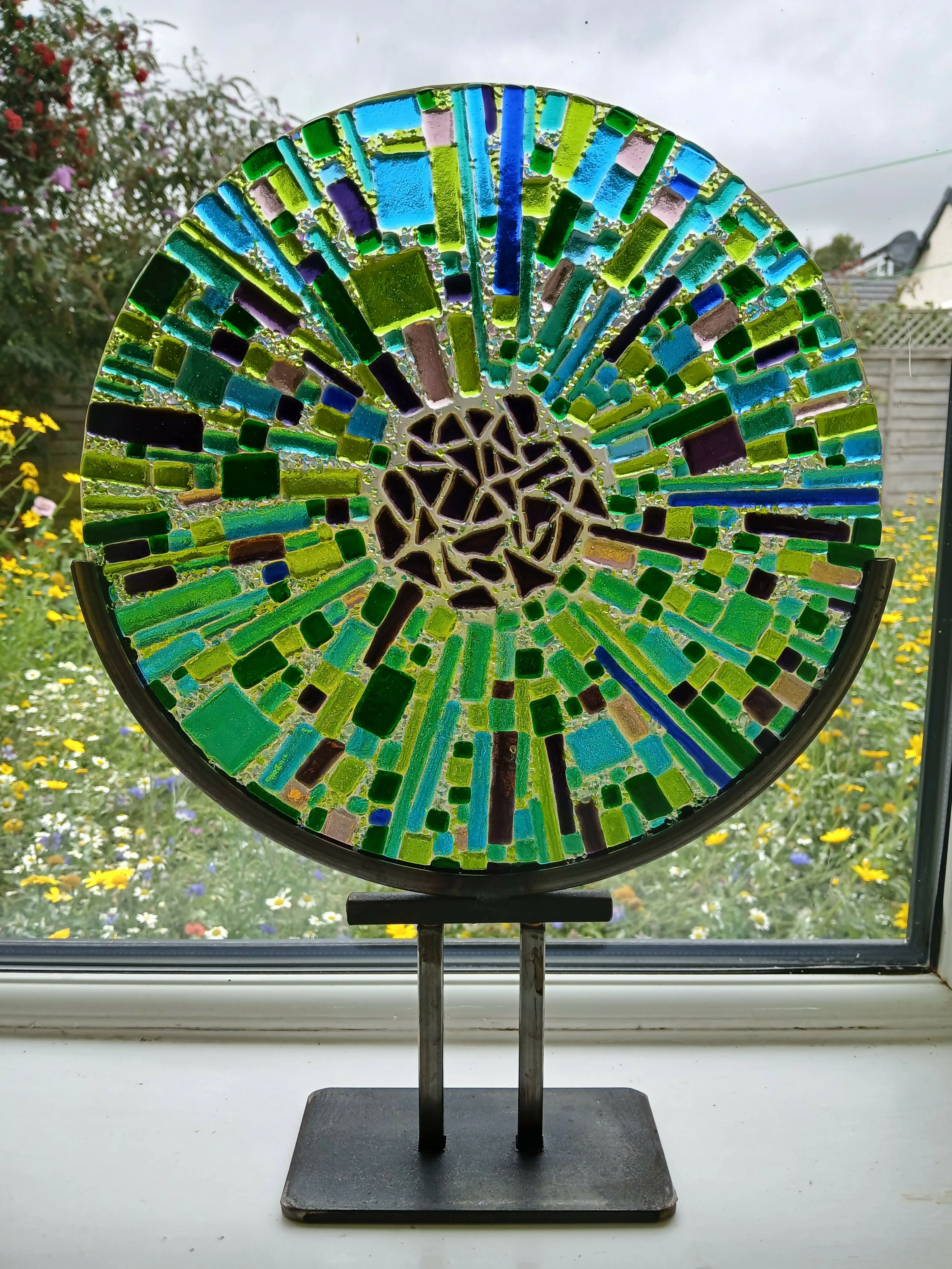 Fused Glass Large Disc - Blue and Green with Industrial Style Stand