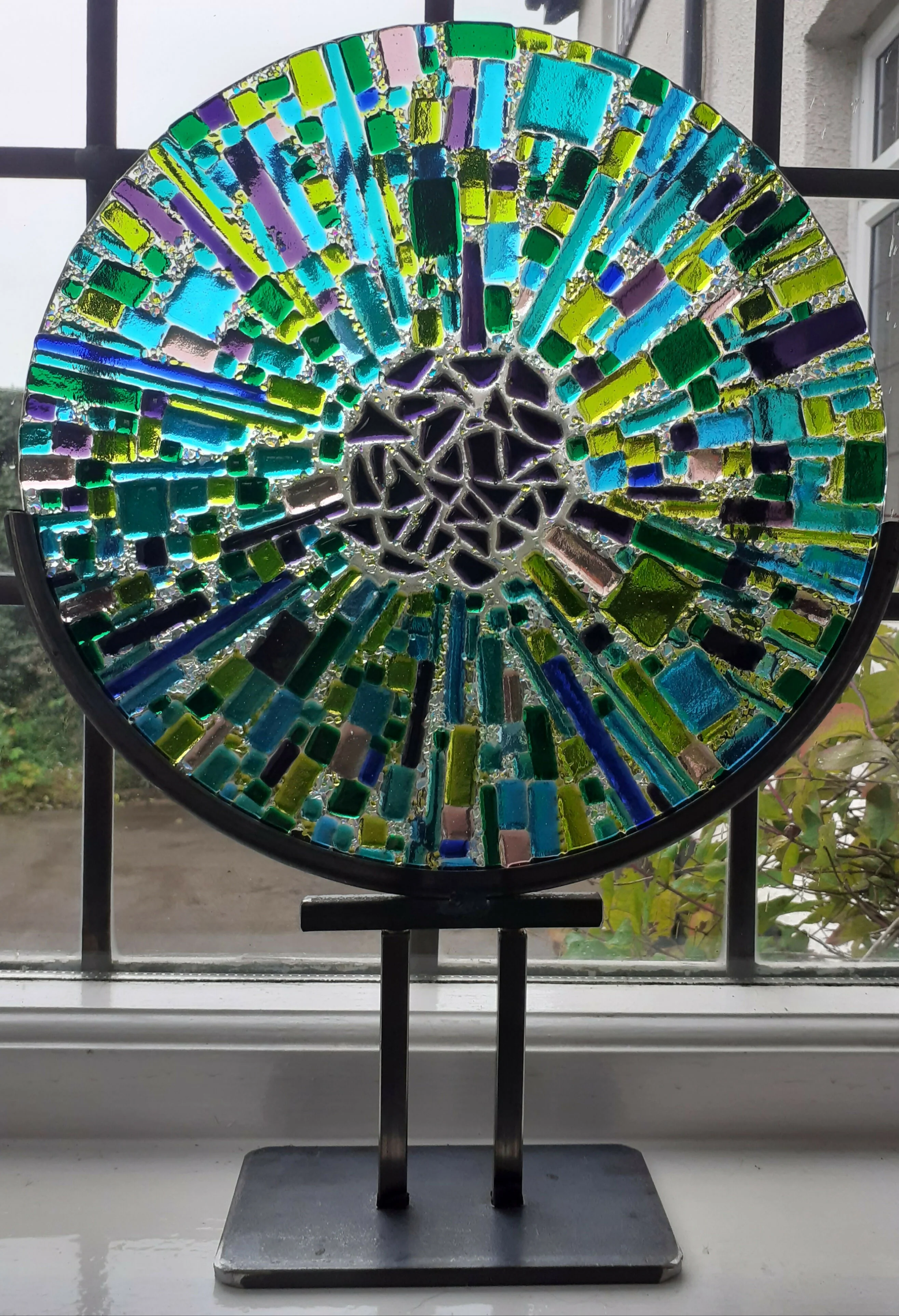 Fused Glass Large Disc - Blue and Green with Industrial Style Stand - Image 3