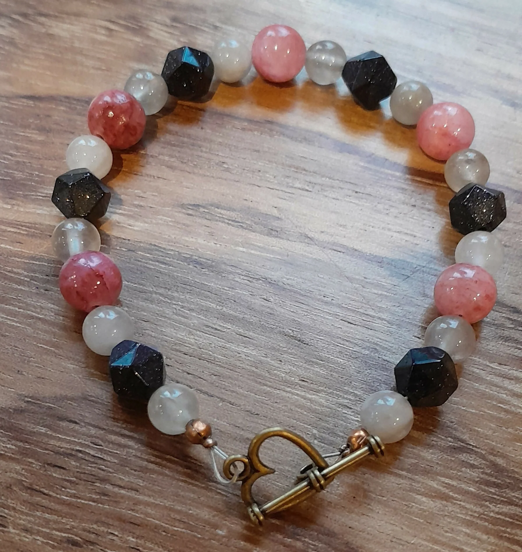 Gemstone Bracelet with Bronze Toggle Catch, Grey Agate, Faceted Navy Goldstone and Strawberry Quartz.