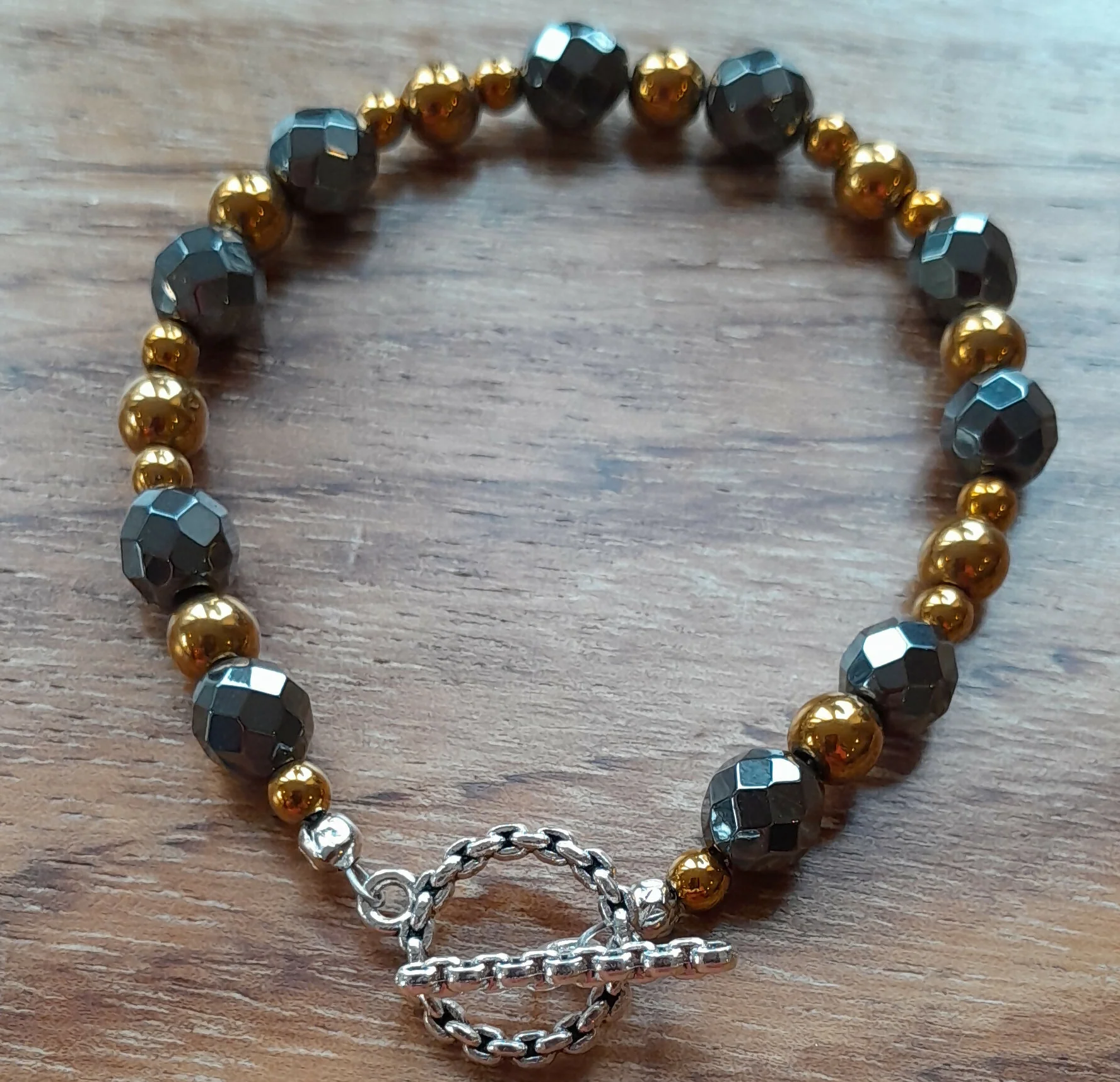 Gemstone Bracelet with Tibetan Silver Toggle Catch, Bronze Hematite and Faceted Grey Hematite.