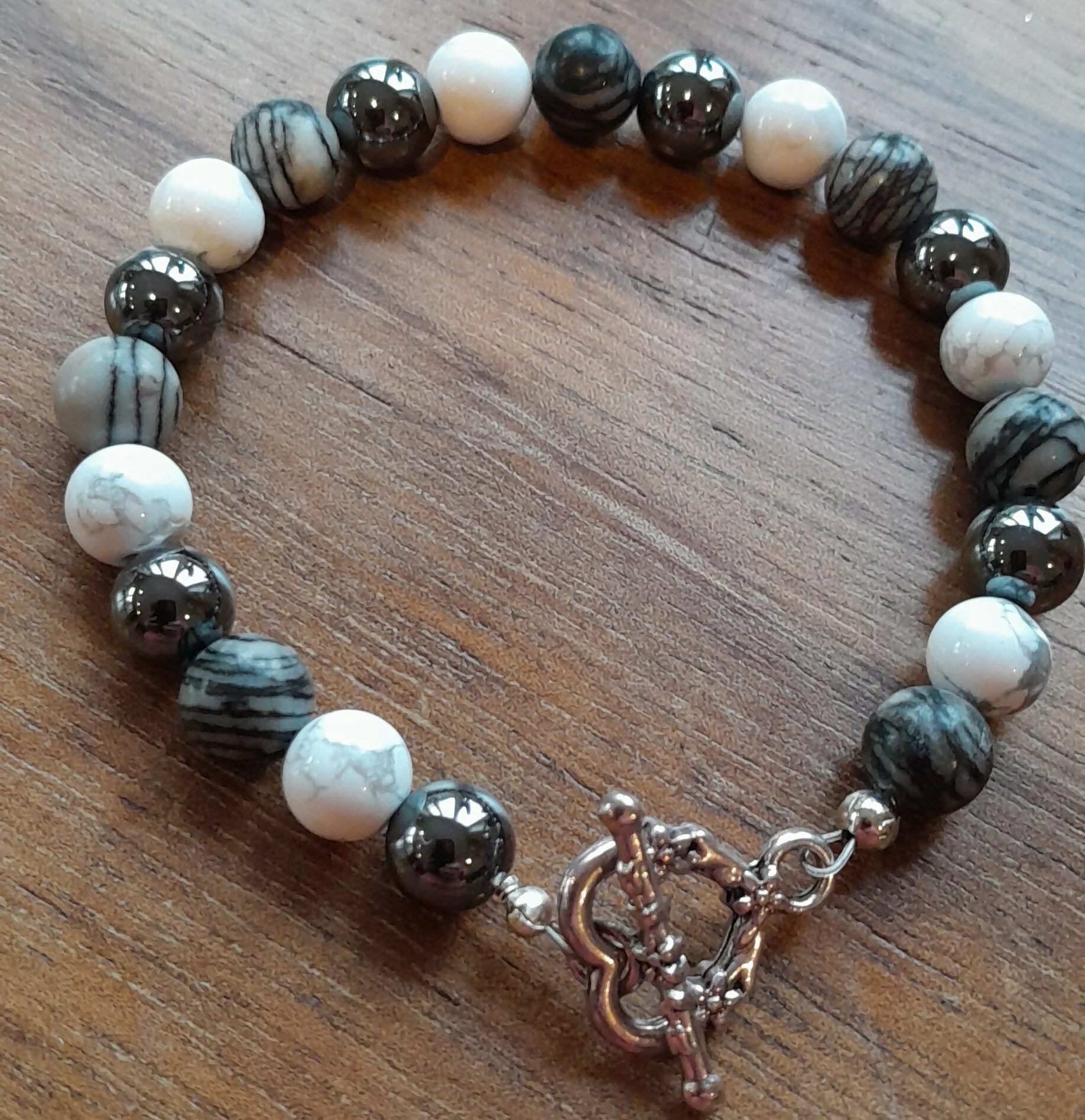 Gemstone Bracelet with Tibetan Silver Toggle Catch, Grey Hematite, Howlite and Black Silkstone.
