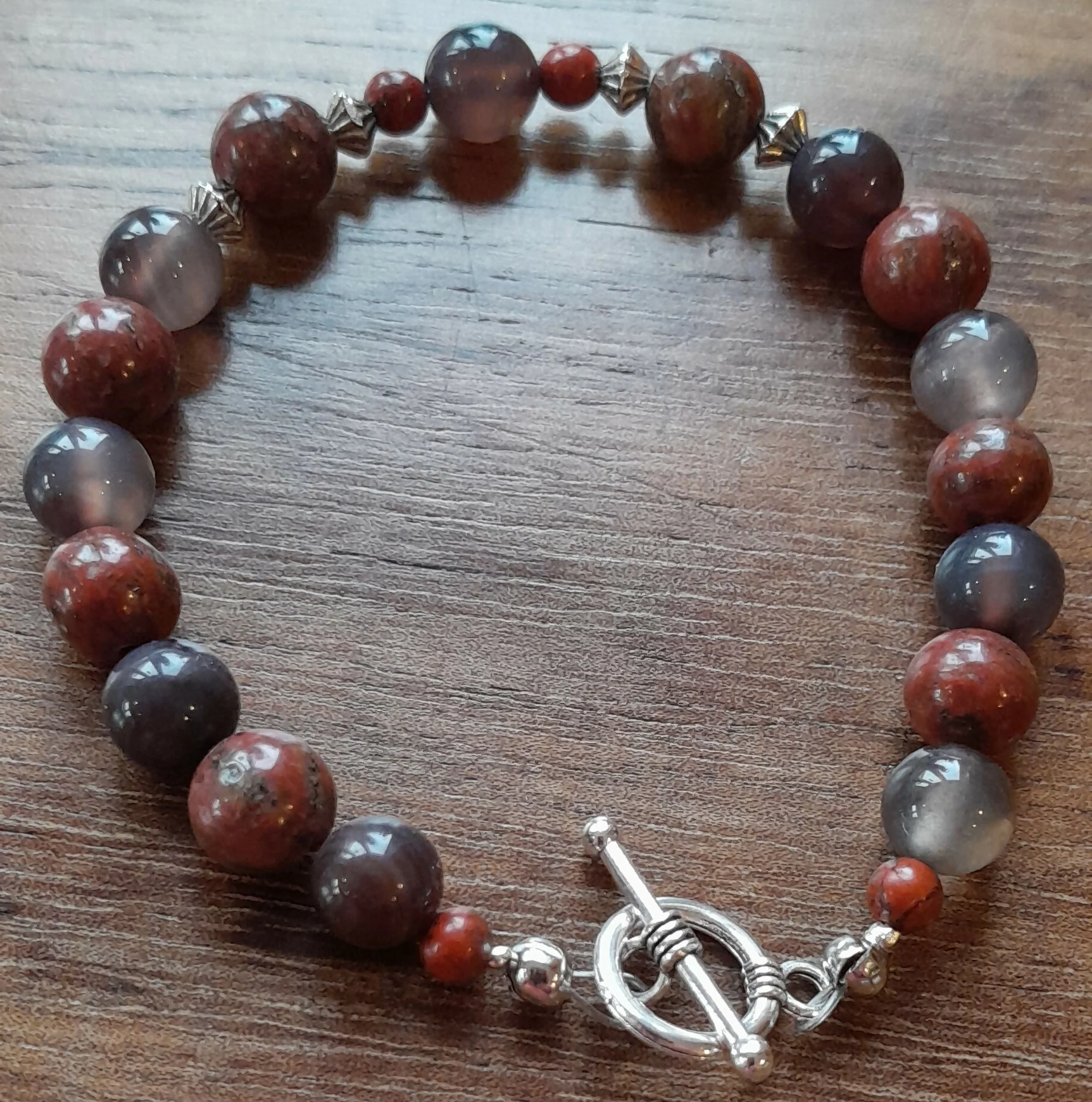Gemstone Bracelet with Tibetan Silver Toggle Catch, Red Sesame Jasper, Grey Agate and Tibetan Silver Spacer Beads.