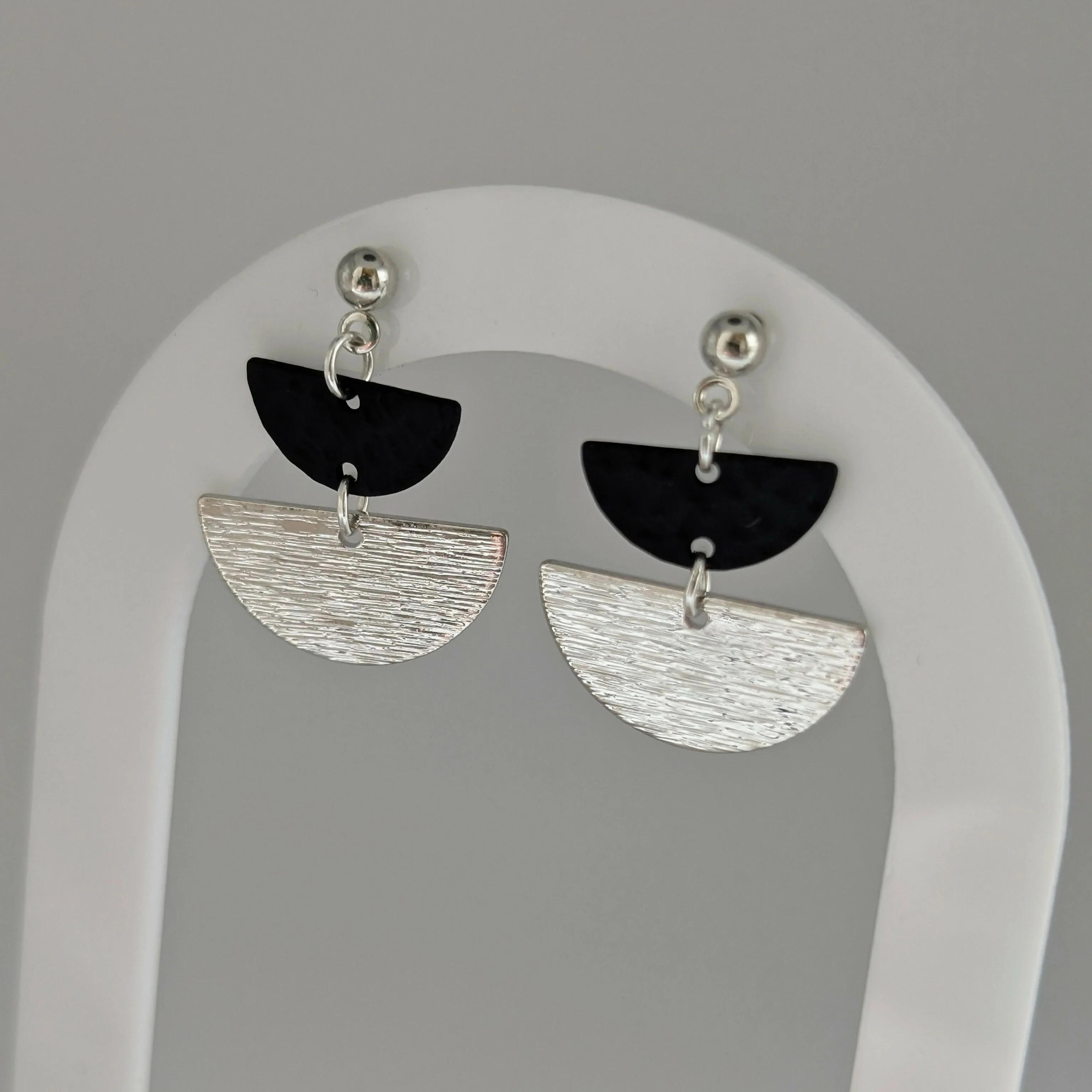 Geometric Black and Silver Half Moon Earrings on Silver Plated Ball Stud