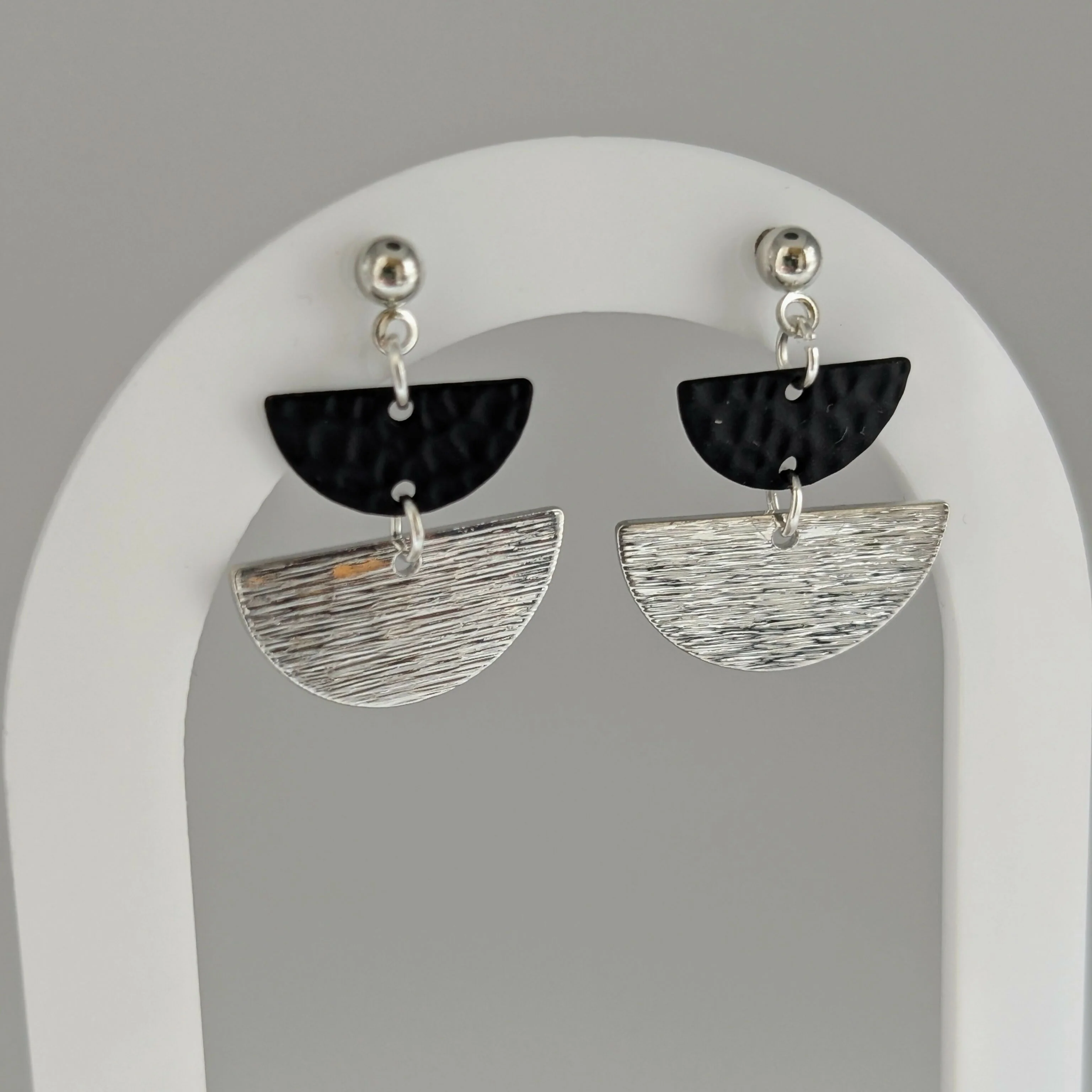 Geometric Black and Silver Half Moon Earrings on Silver Plated Ball Stud - Image 2