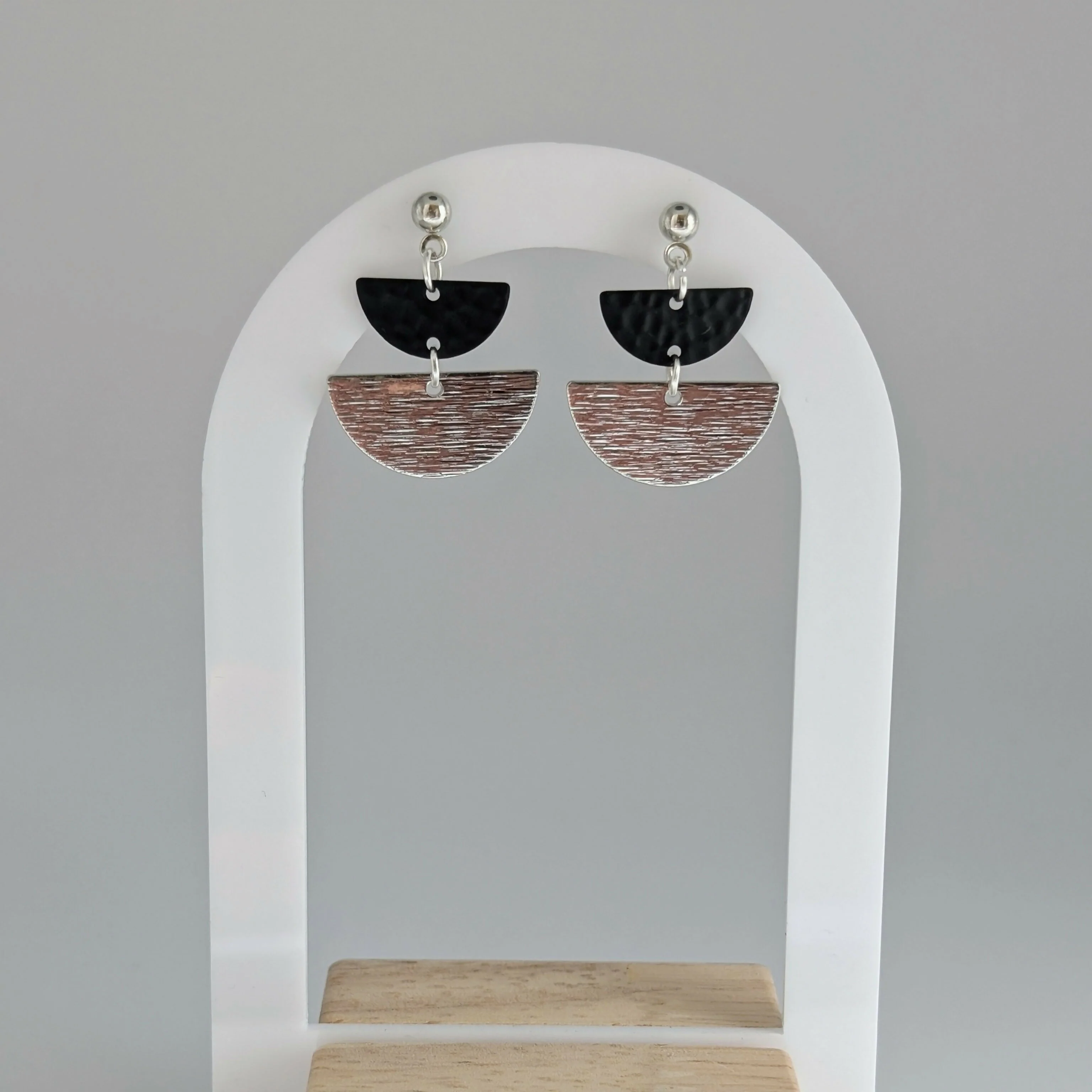 Geometric Black and Silver Half Moon Earrings on Silver Plated Ball Stud - Image 3