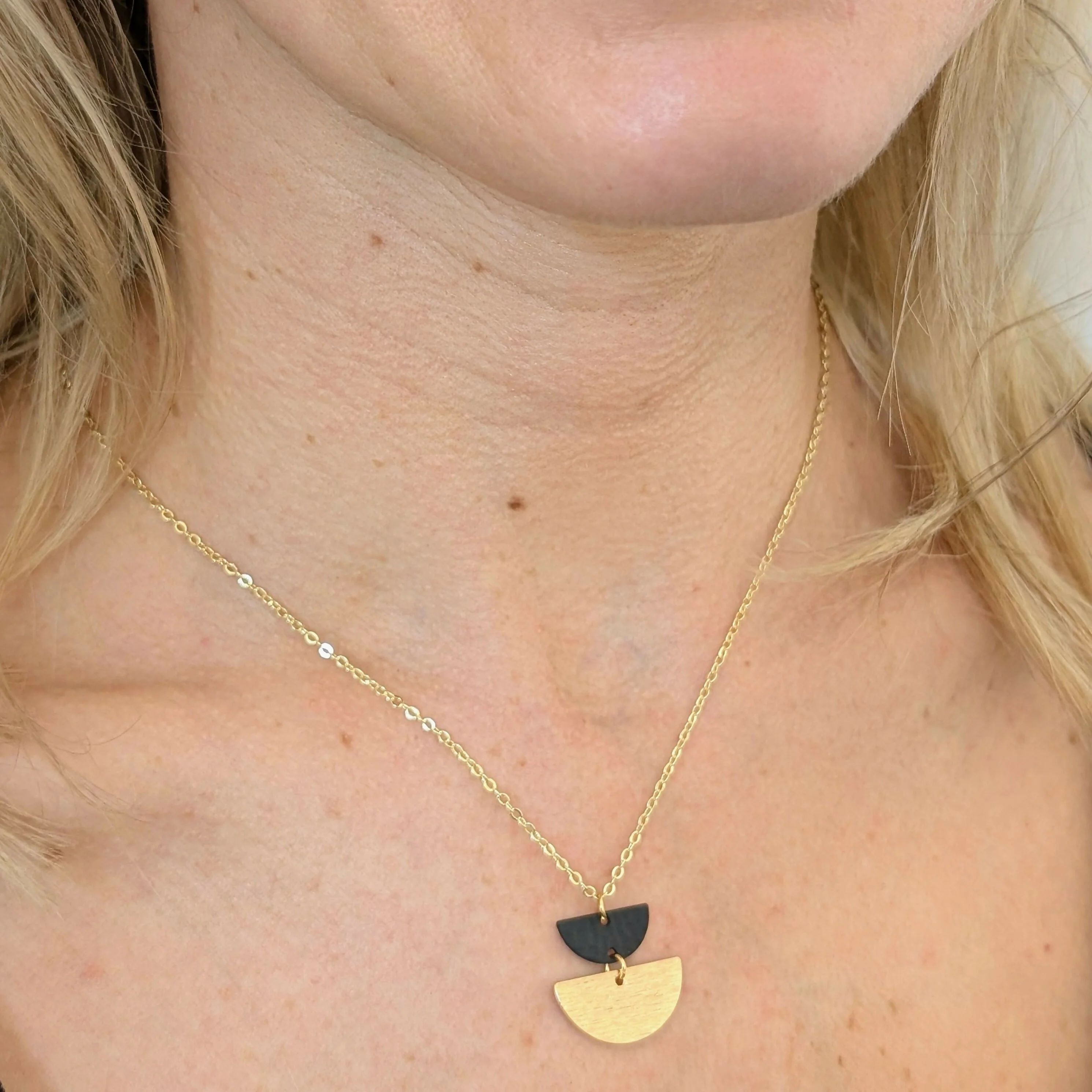 Geometric Necklace with Matte Black Charm and Gold Half Moon on Fine Gold Plated Chain - Image 2