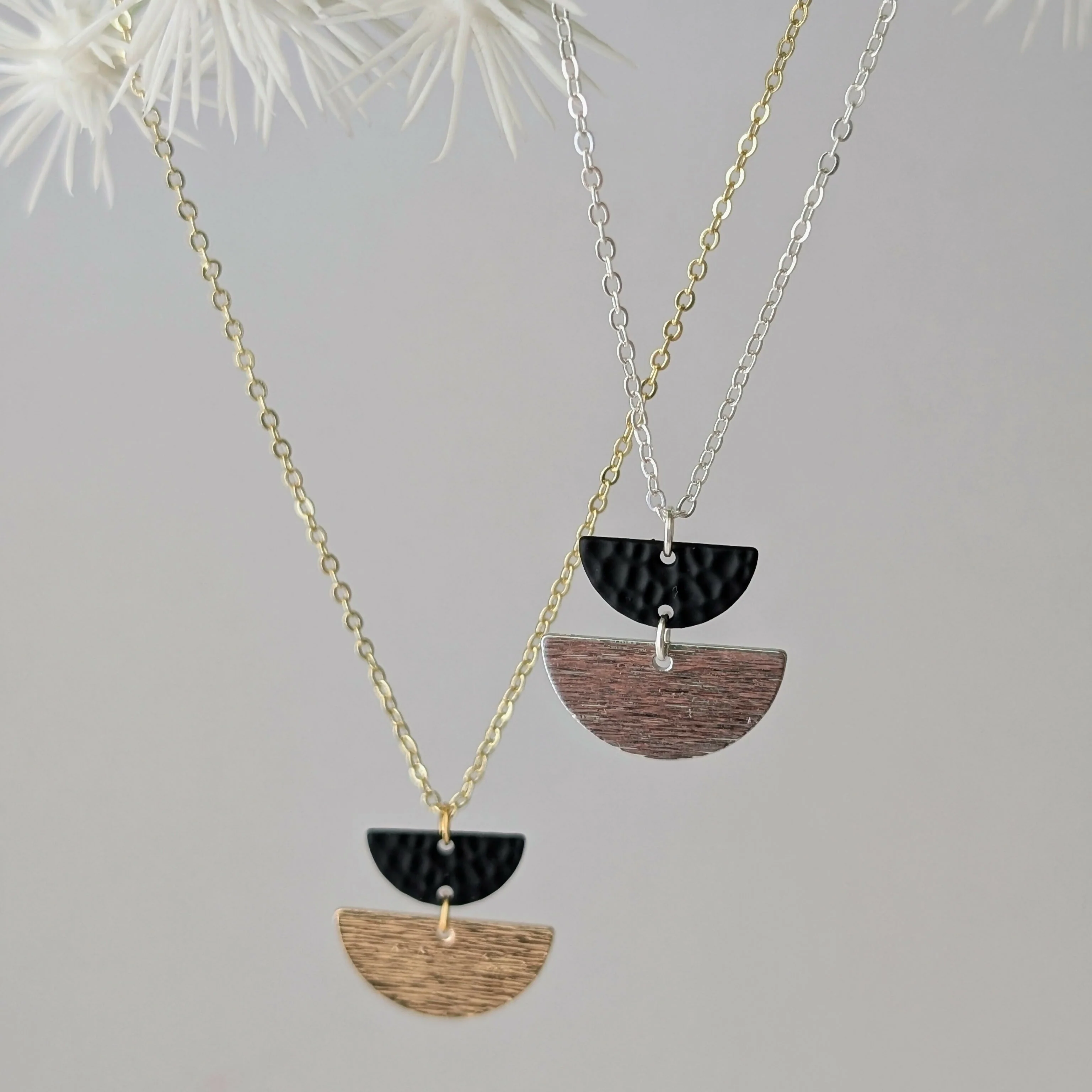 Geometric Necklace with Matte Black Charm and Gold Half Moon on Fine Gold Plated Chain - Image 3