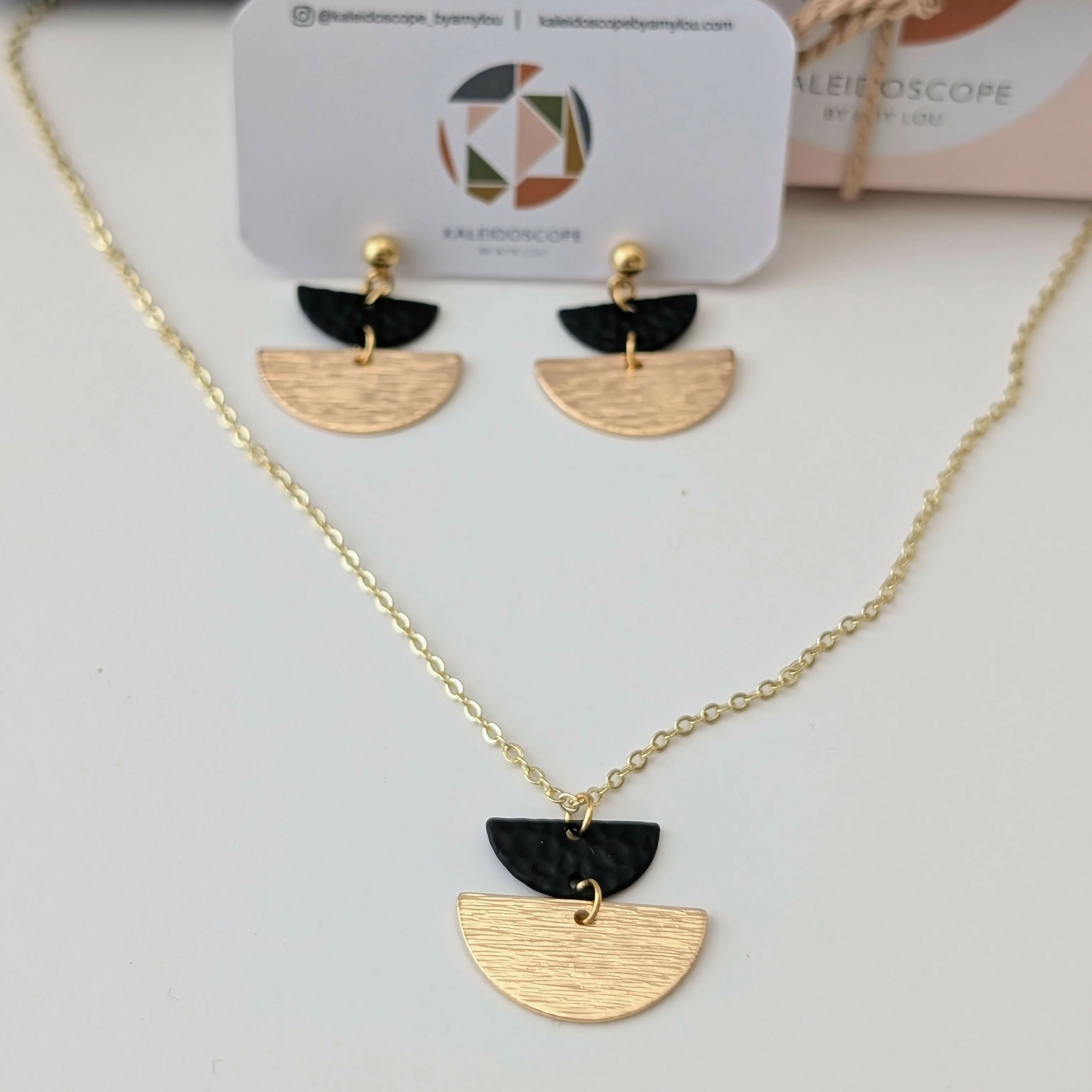 Geometric Necklace with Matte Black Charm and Gold Half Moon on Fine Gold Plated Chain - Image 4