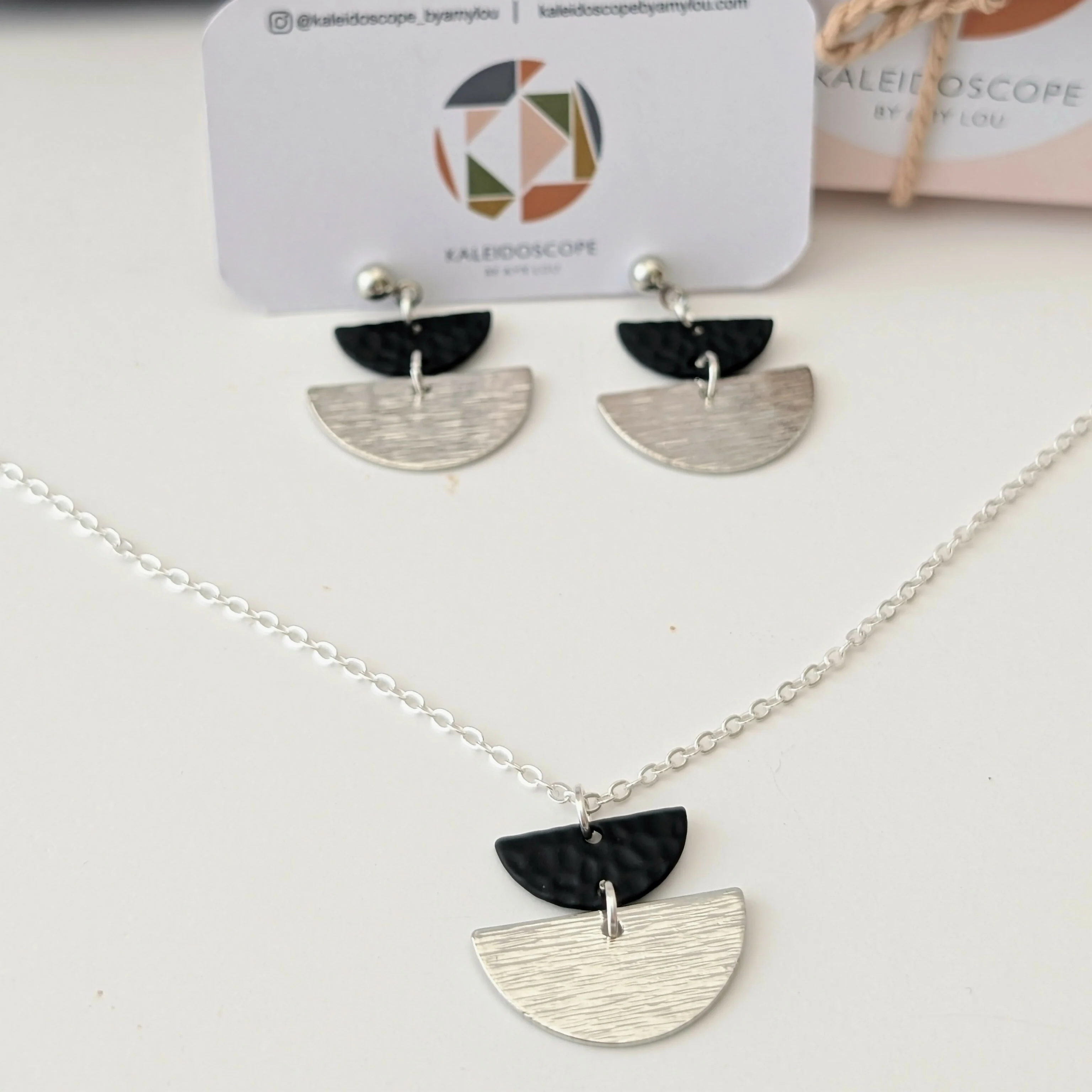Geometric Necklace with Matte Black Charm and Silver Half Moon on Fine Silver Plated Chain - Image 4