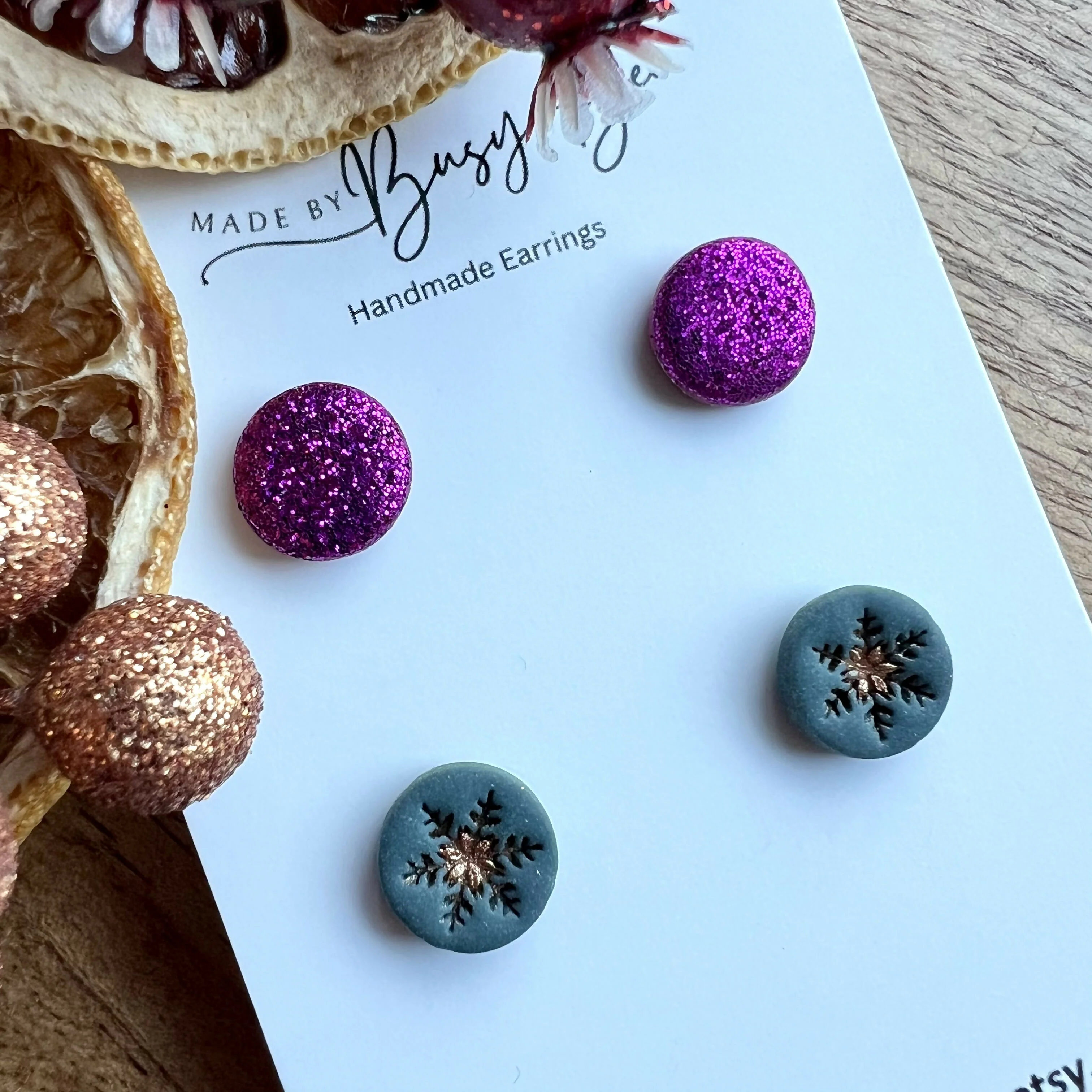 Glitter Stud Earrings / Set of 2 pairs of Studs / Handmade Polymer Clay Jewellery