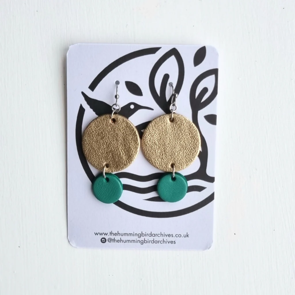 Gold and Teal Circle Earrings - Image 2
