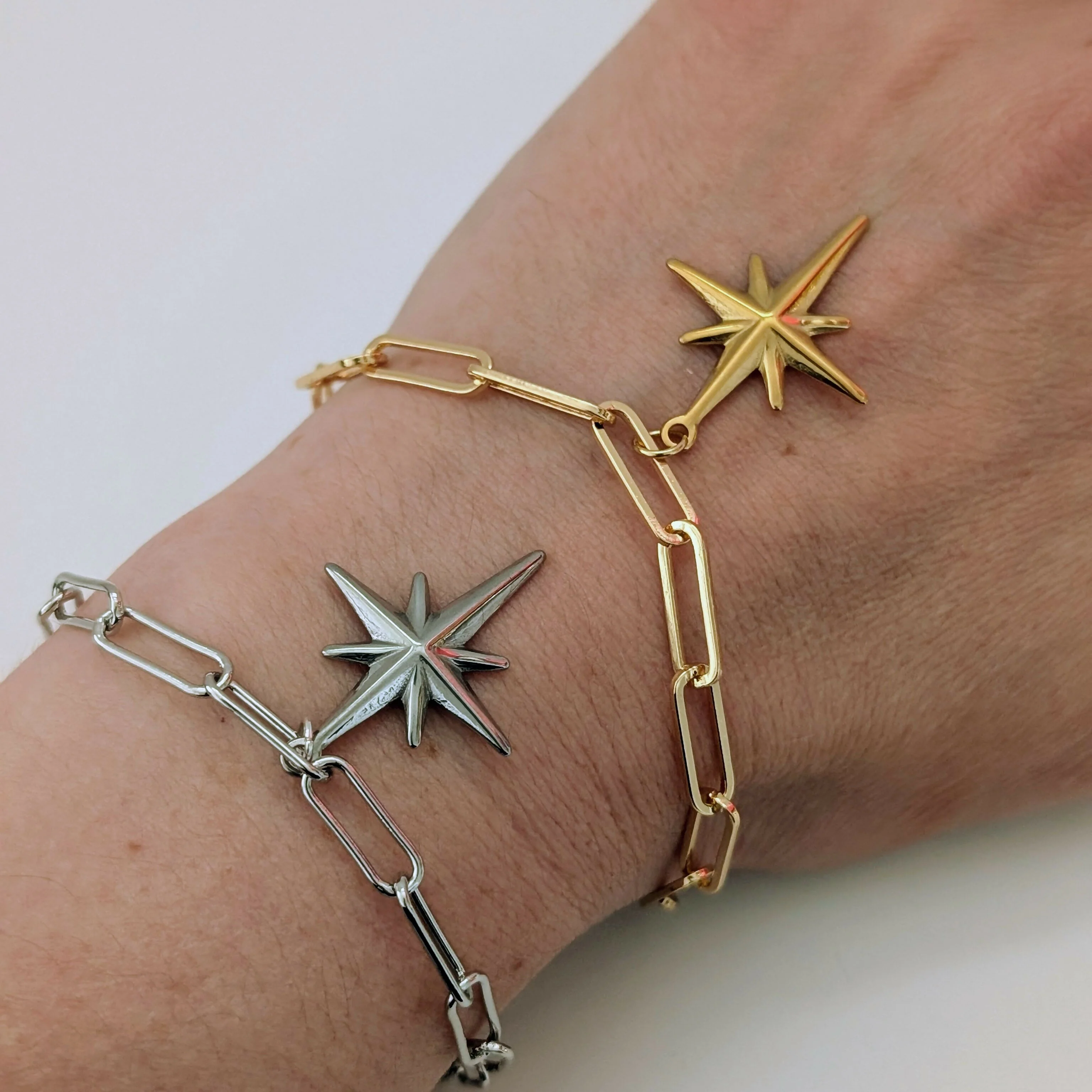 Gold North Star Bracelet on Paperclip Chain - Image 4