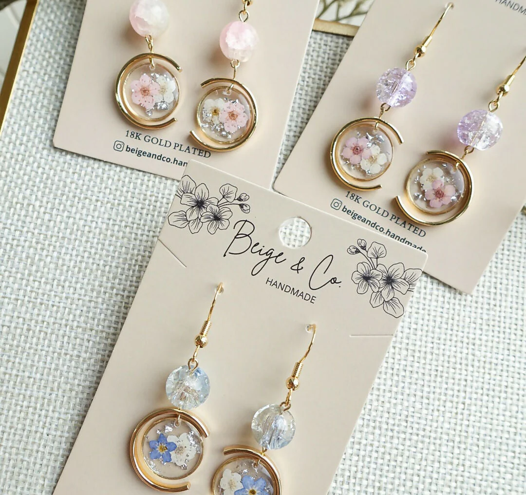 Real Flower Gold Planet Earrings