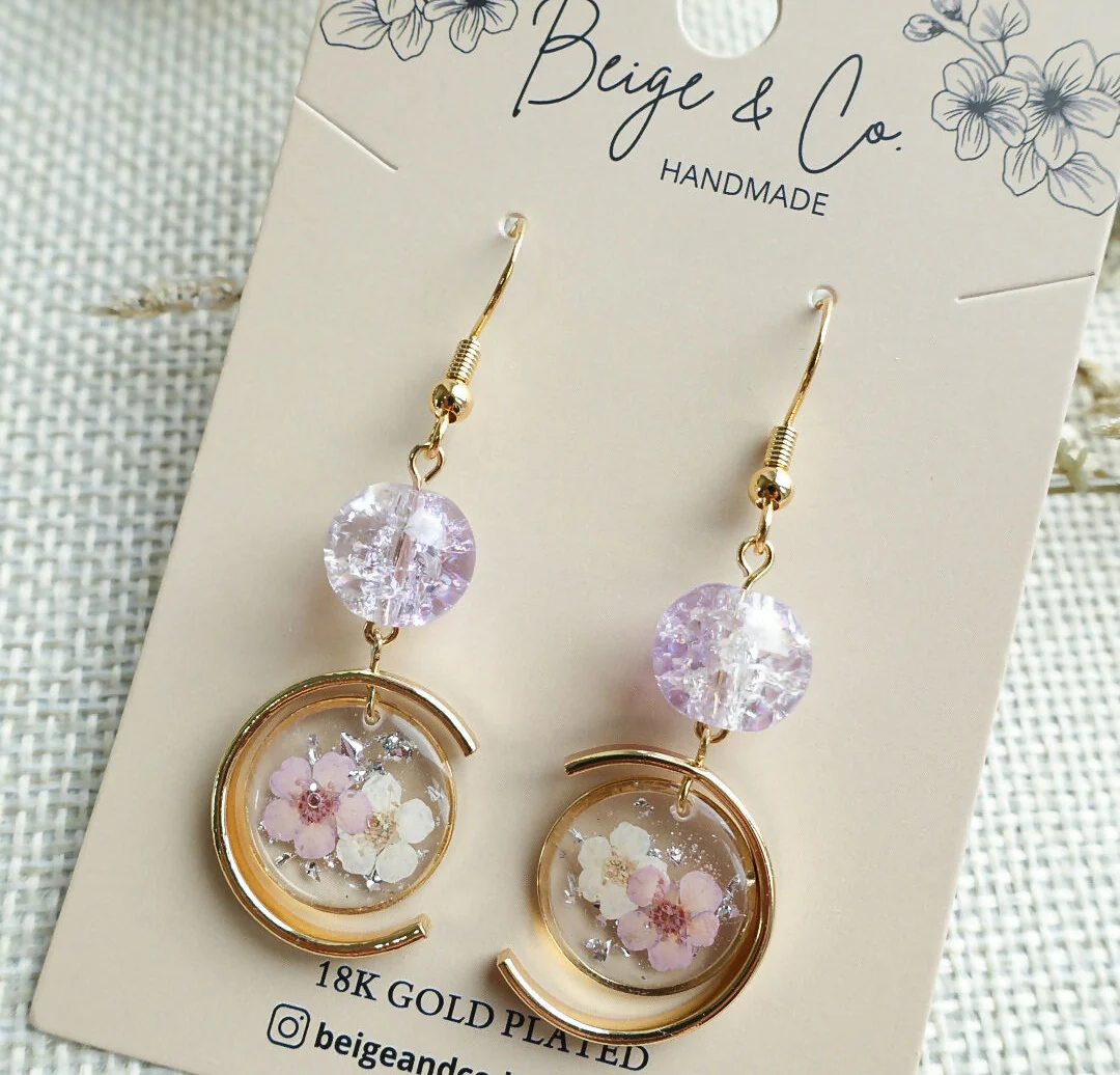 Real Flower Gold Planet Earrings - Image 3