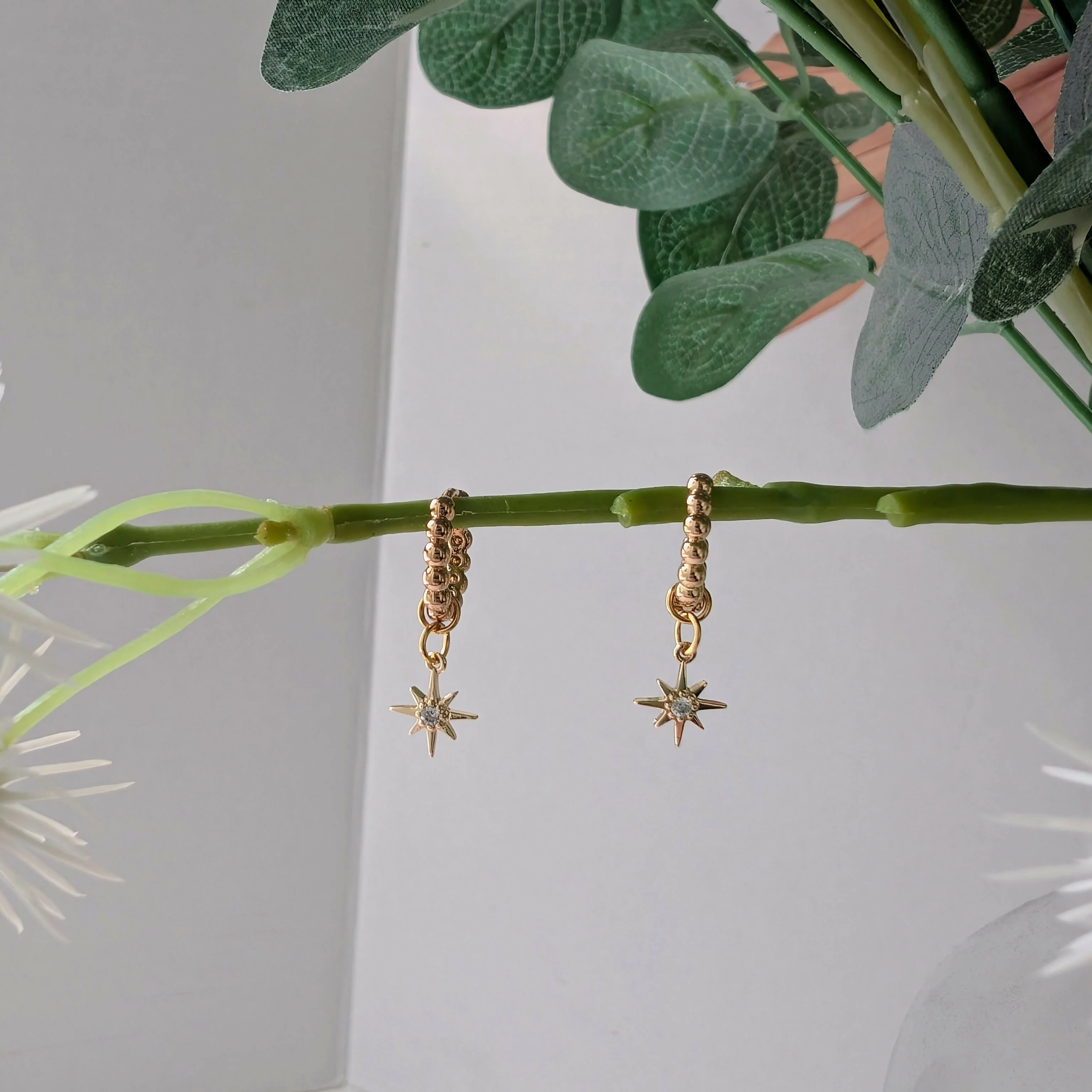 Gold Plated Bead Huggie Earrings with a Tiny Gold Cubic Zirconia Star Charm - Image 3