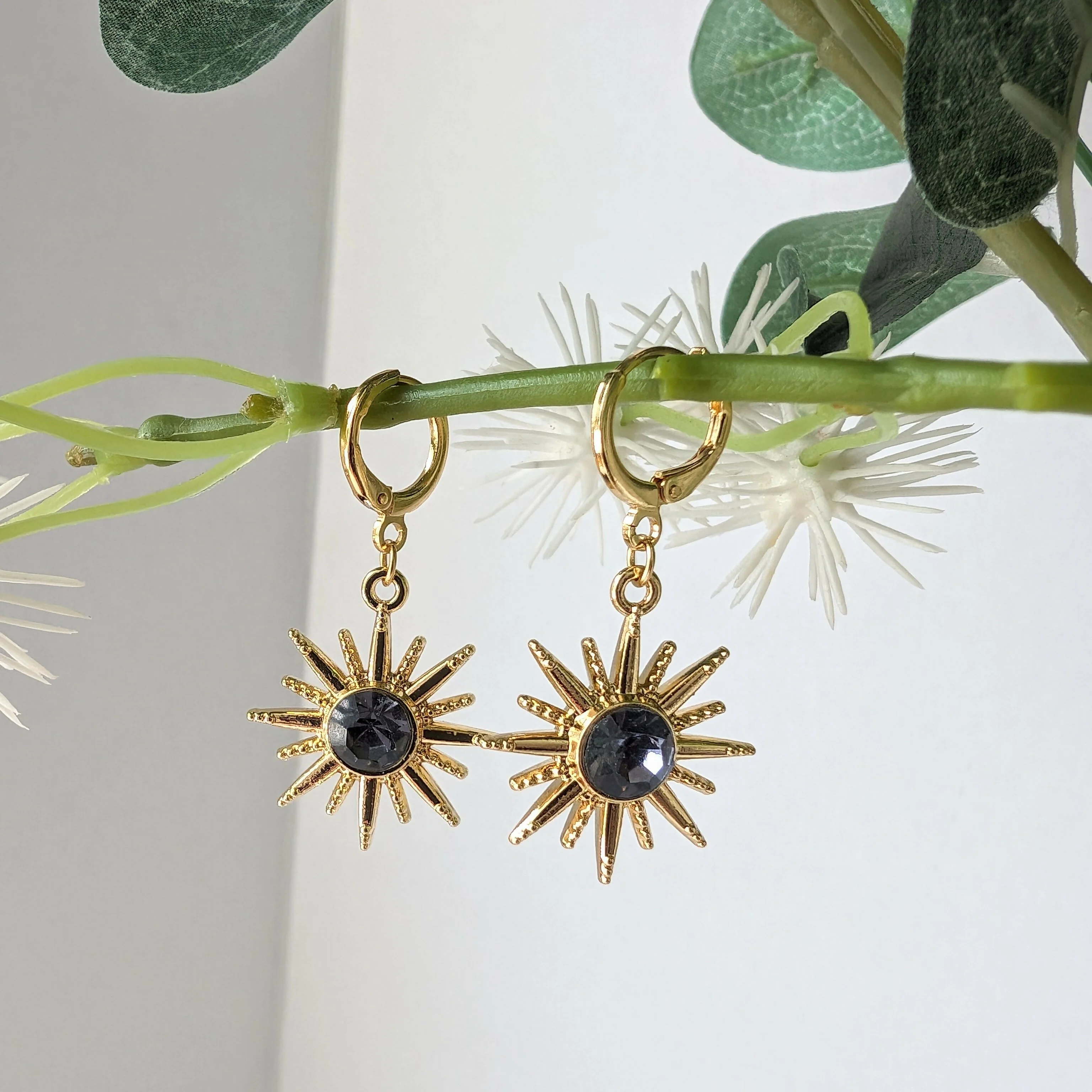 Gold Starburst Earrings with Deep Purple Glass Stone on Gold Plated Huggie - Image 2