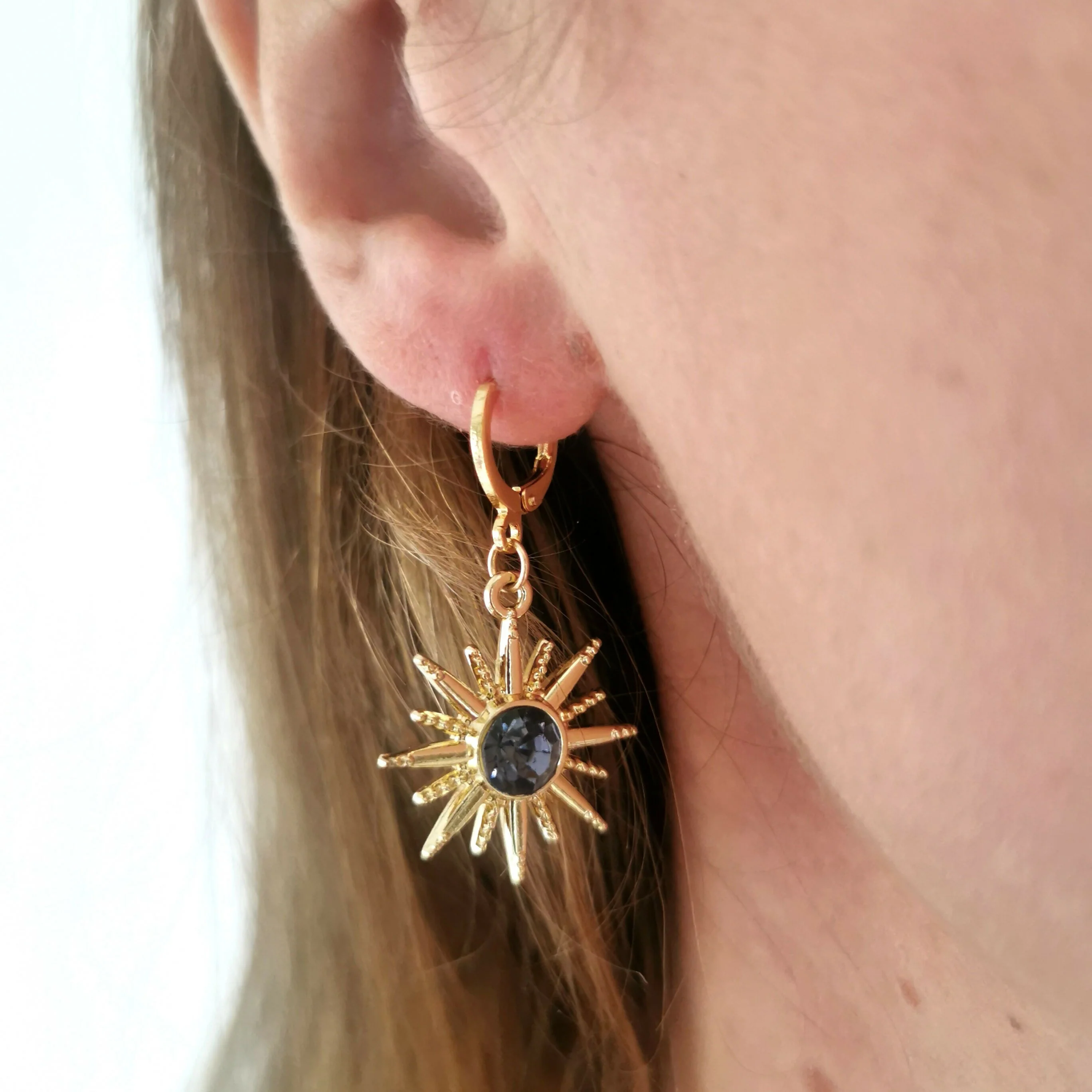 Gold Starburst Earrings with Deep Purple Glass Stone on Gold Plated Huggie - Image 3