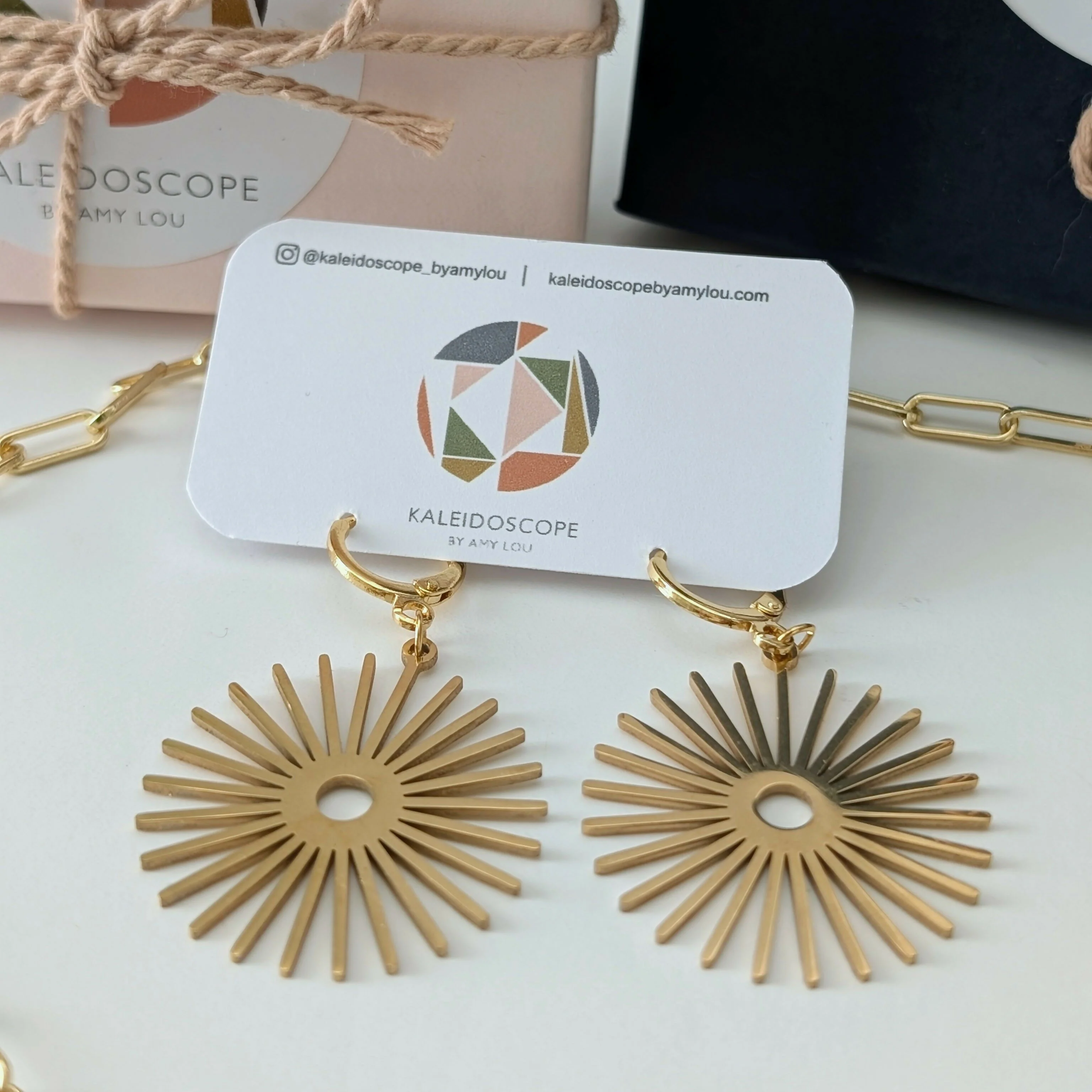 Gold Sunburst Earrings on Gold Plated Huggie - Image 4