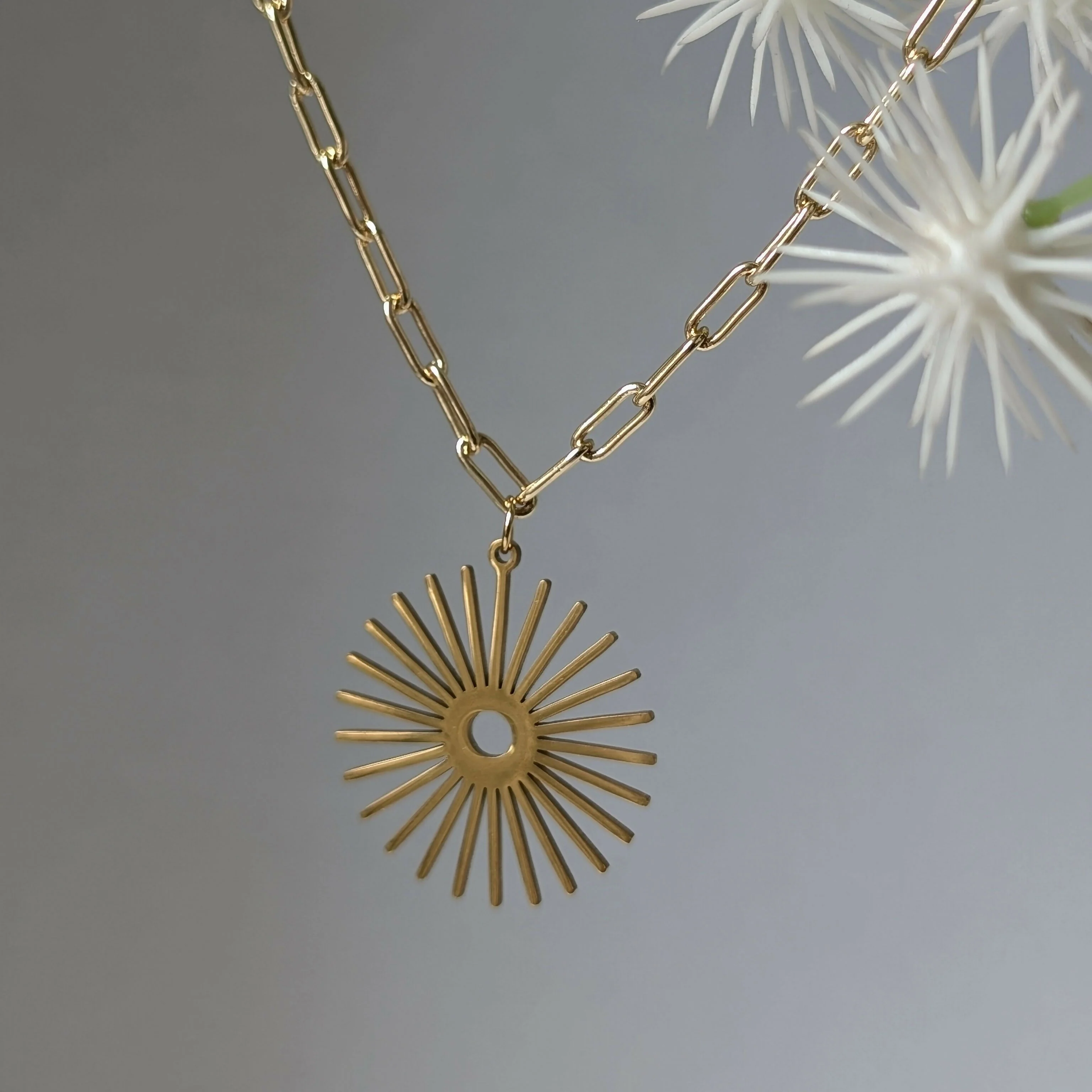 Gold Sunburst Necklace on Paperclip Chain - Image 2