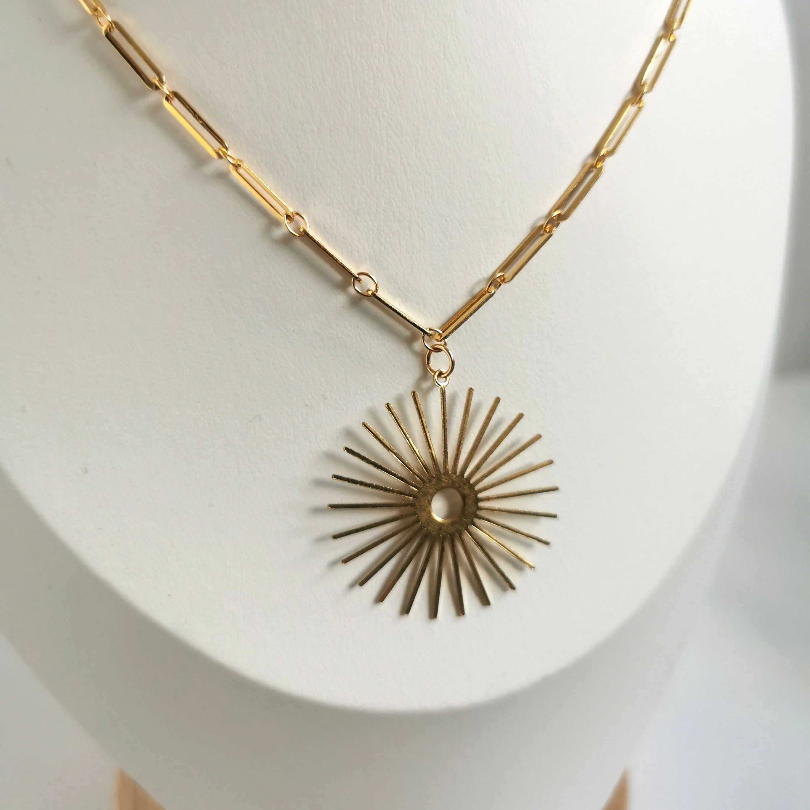 Gold Sunburst Necklace on Paperclip Chain - Image 3
