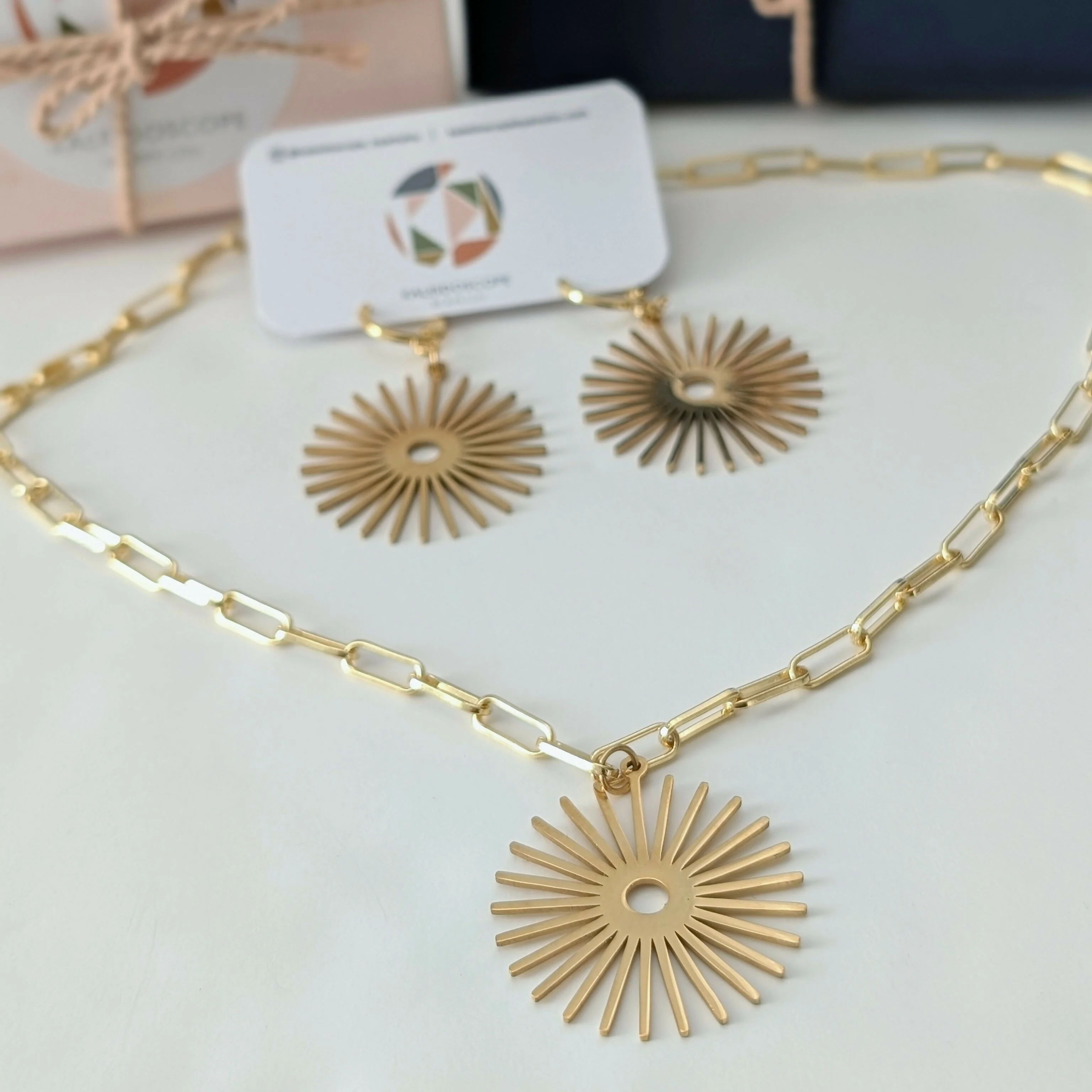 Gold Sunburst Necklace on Paperclip Chain - Image 4