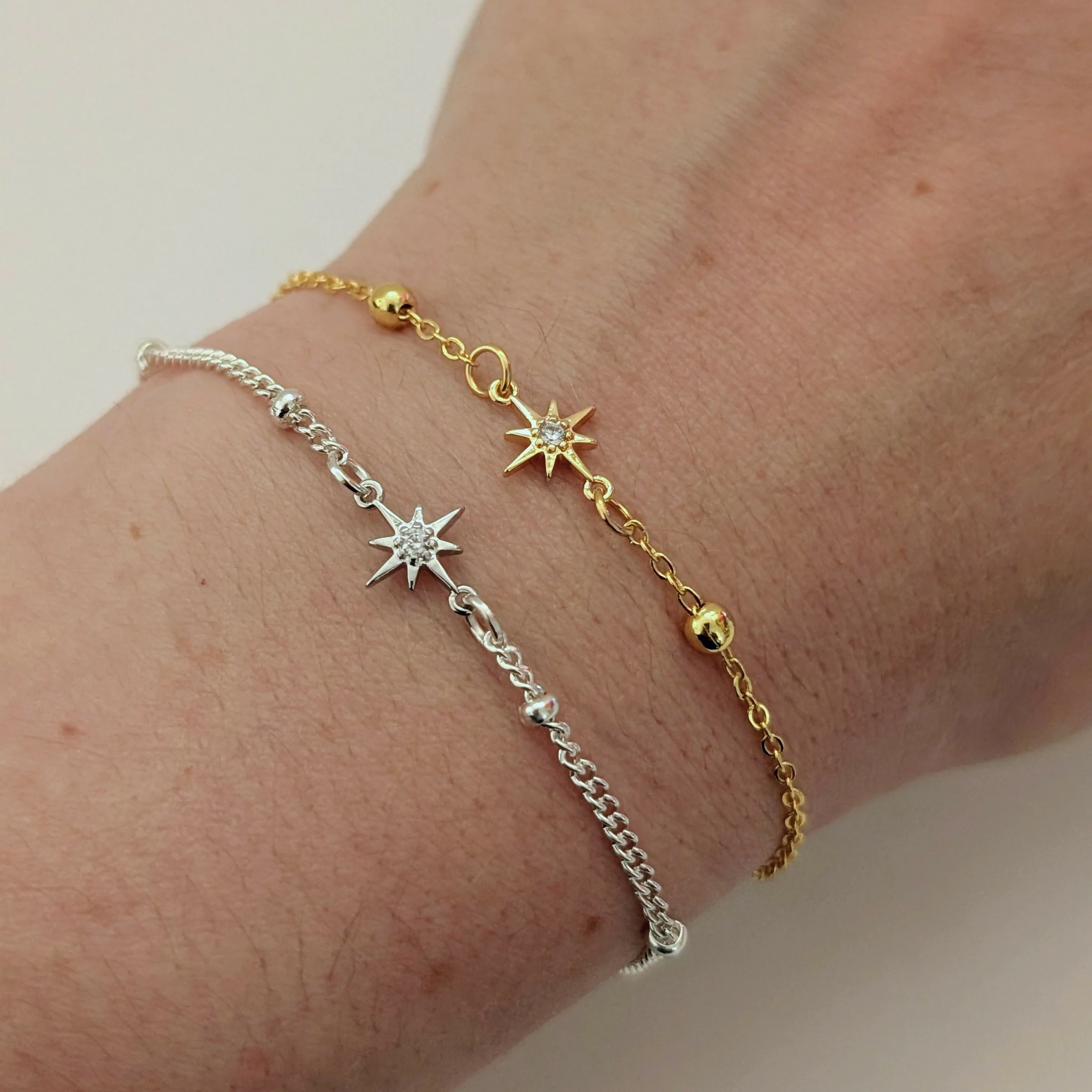 Gold Tiny Star Cubic Zirconia Bracelet on a Delicate Beaded Gold Chain - Image 3