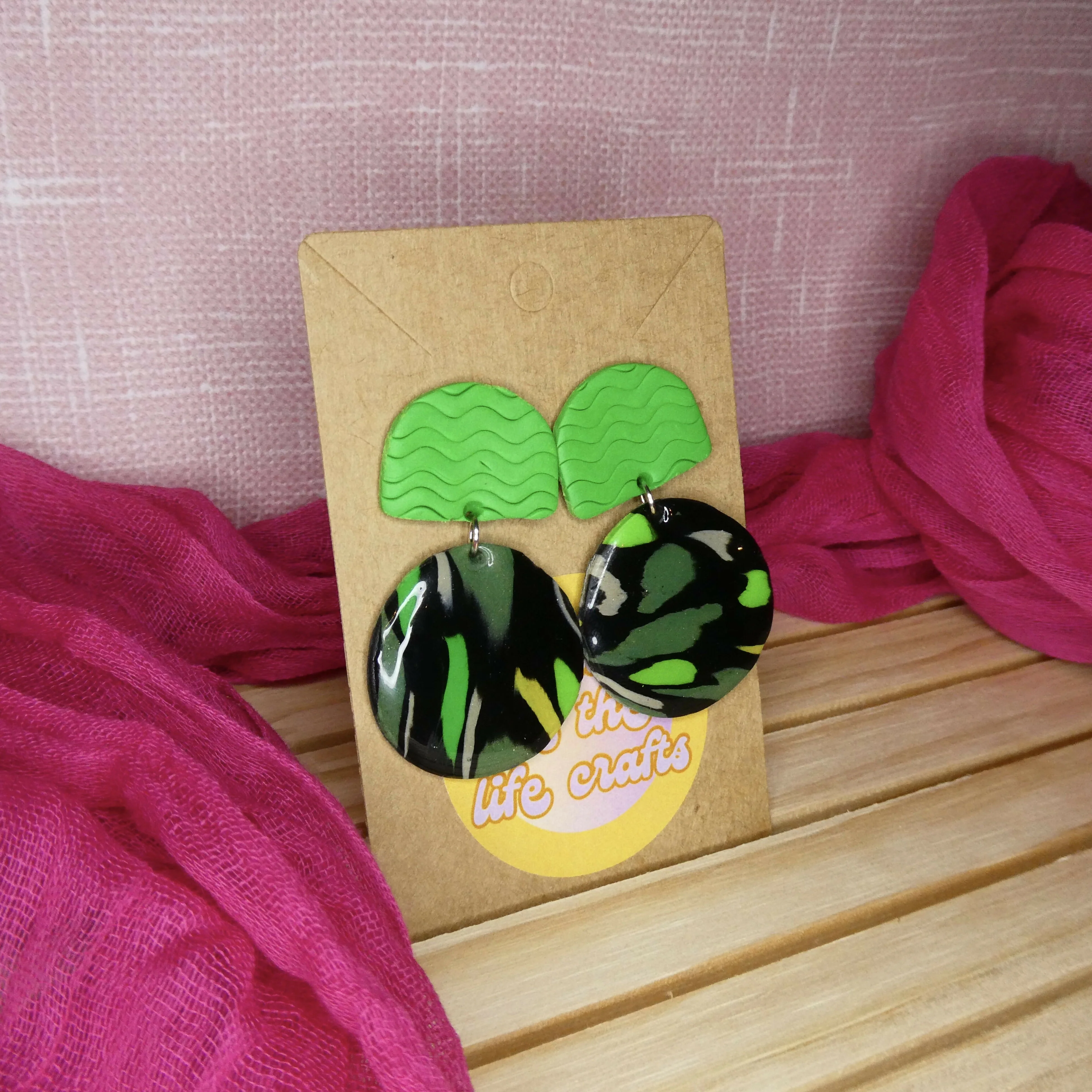 Green And Black Abstract Circle Polymer Clay Earrings