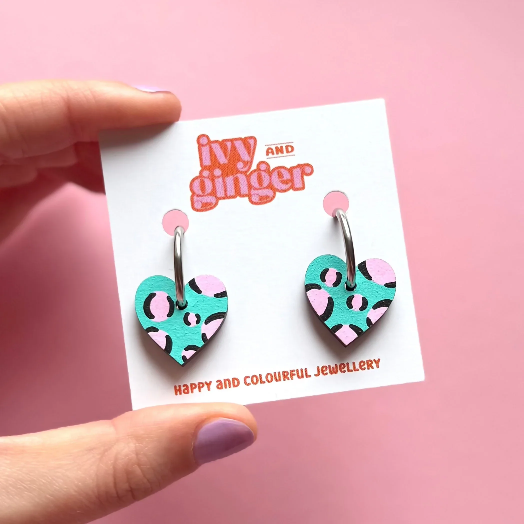 Green and Pink Leopard Print Small Heart Hoop Earrings