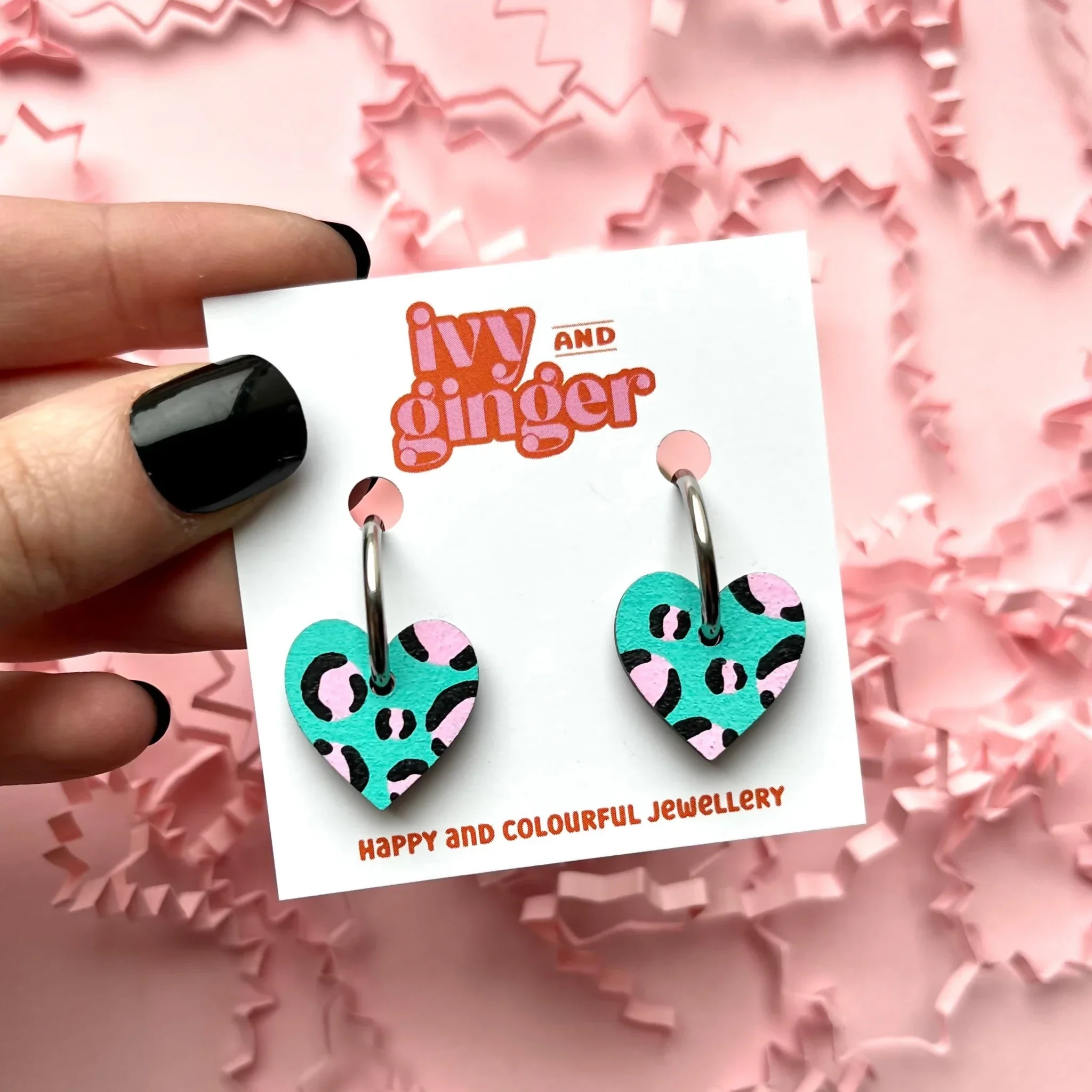 Green and Pink Leopard Print Small Heart Hoop Earrings - Image 2