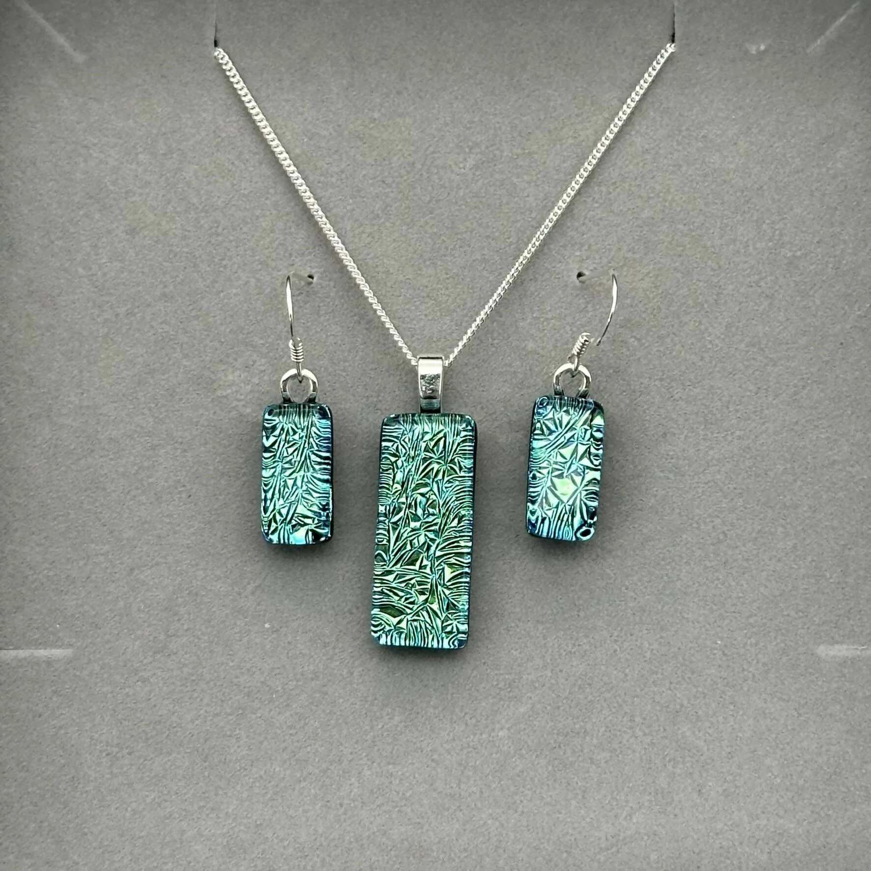 Green & Blue Crackle Dichroic Glass Necklace and Earrings Set - Sterling Silver, Handmade by Jade Tapson Glass - Image 3