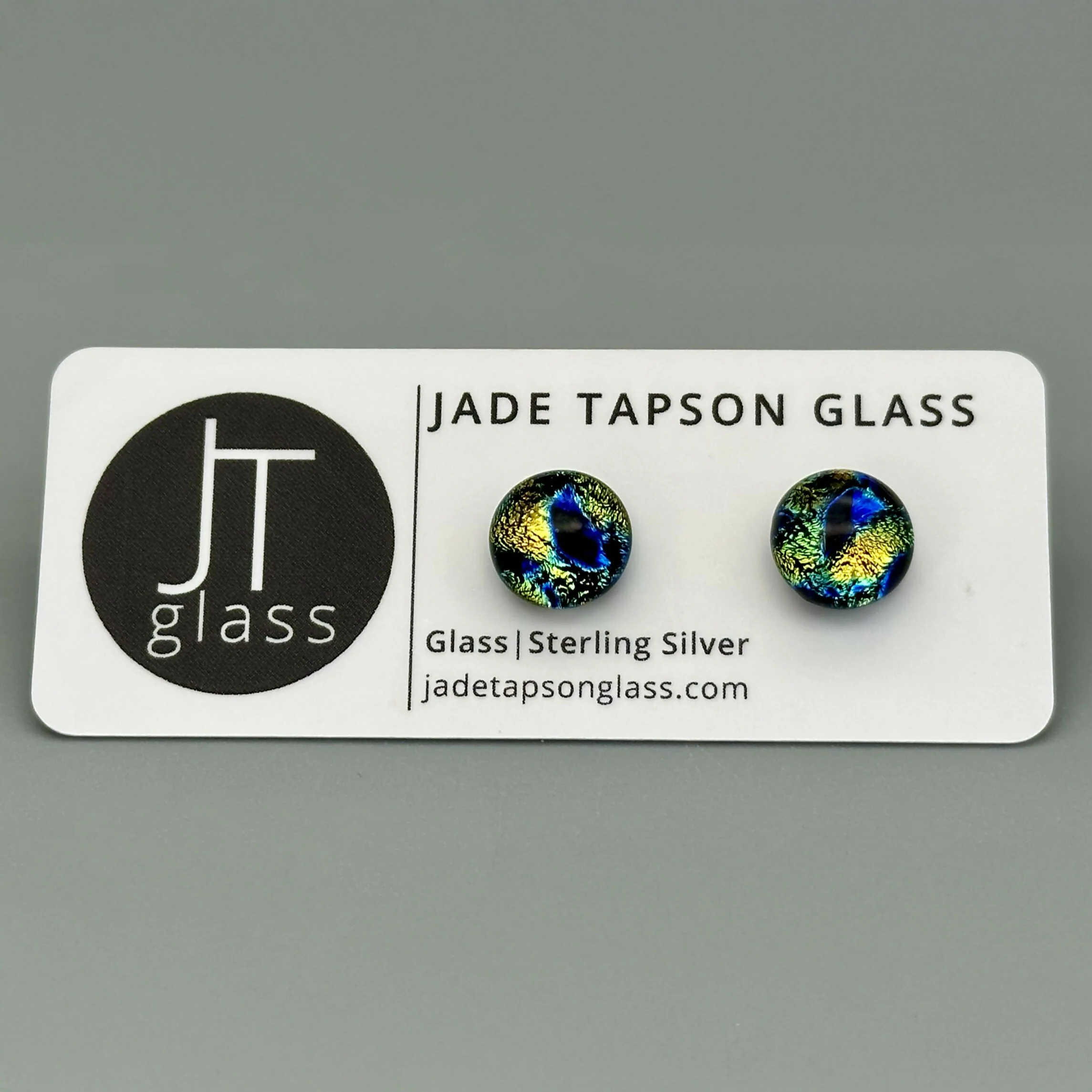 Green & Blue Raindrop Dichroic Fused Glass Sterling Silver Stud Earrings - Handmade by Jade Tapson Glass.