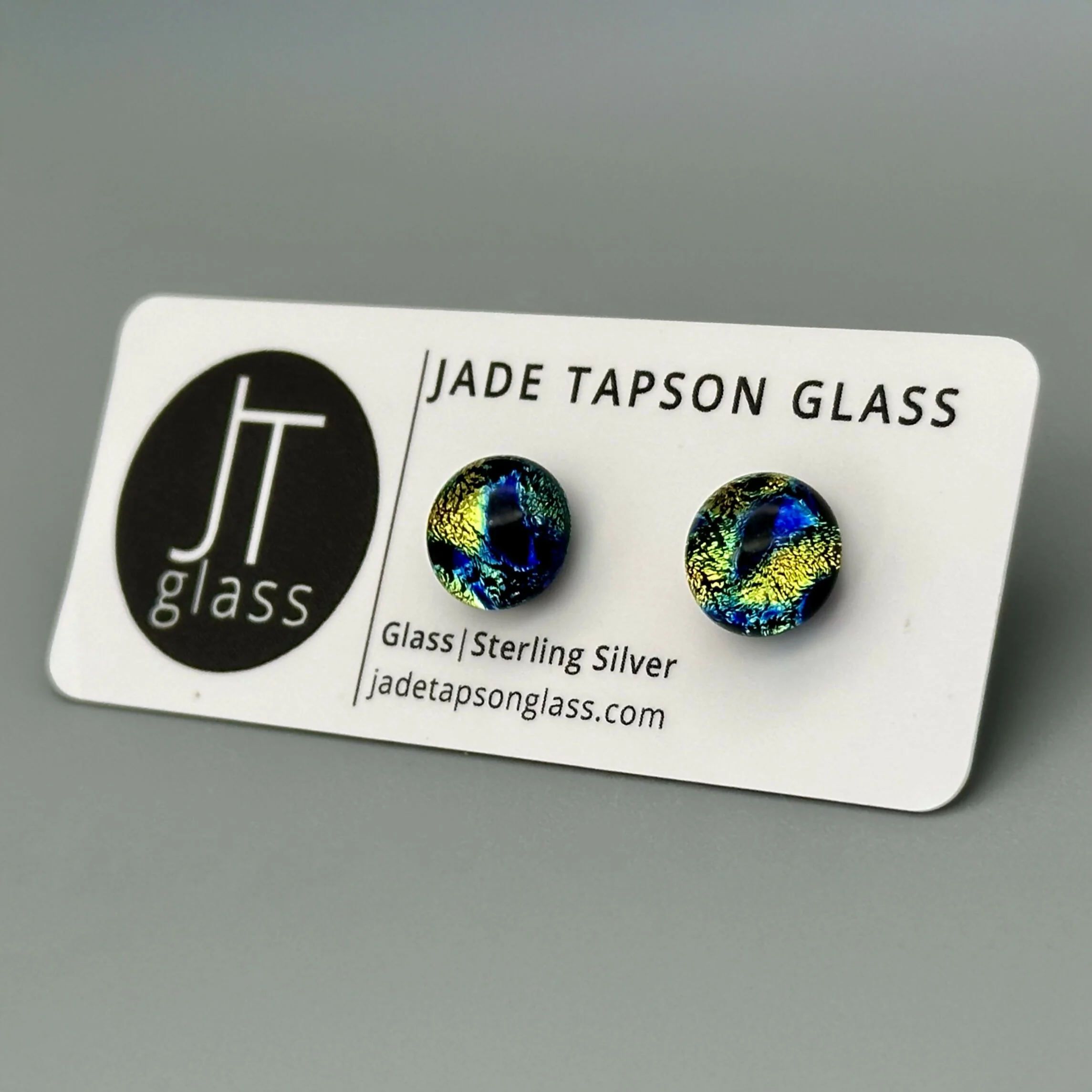 Green & Blue Raindrop Dichroic Fused Glass Sterling Silver Stud Earrings - Handmade by Jade Tapson Glass. - Image 2