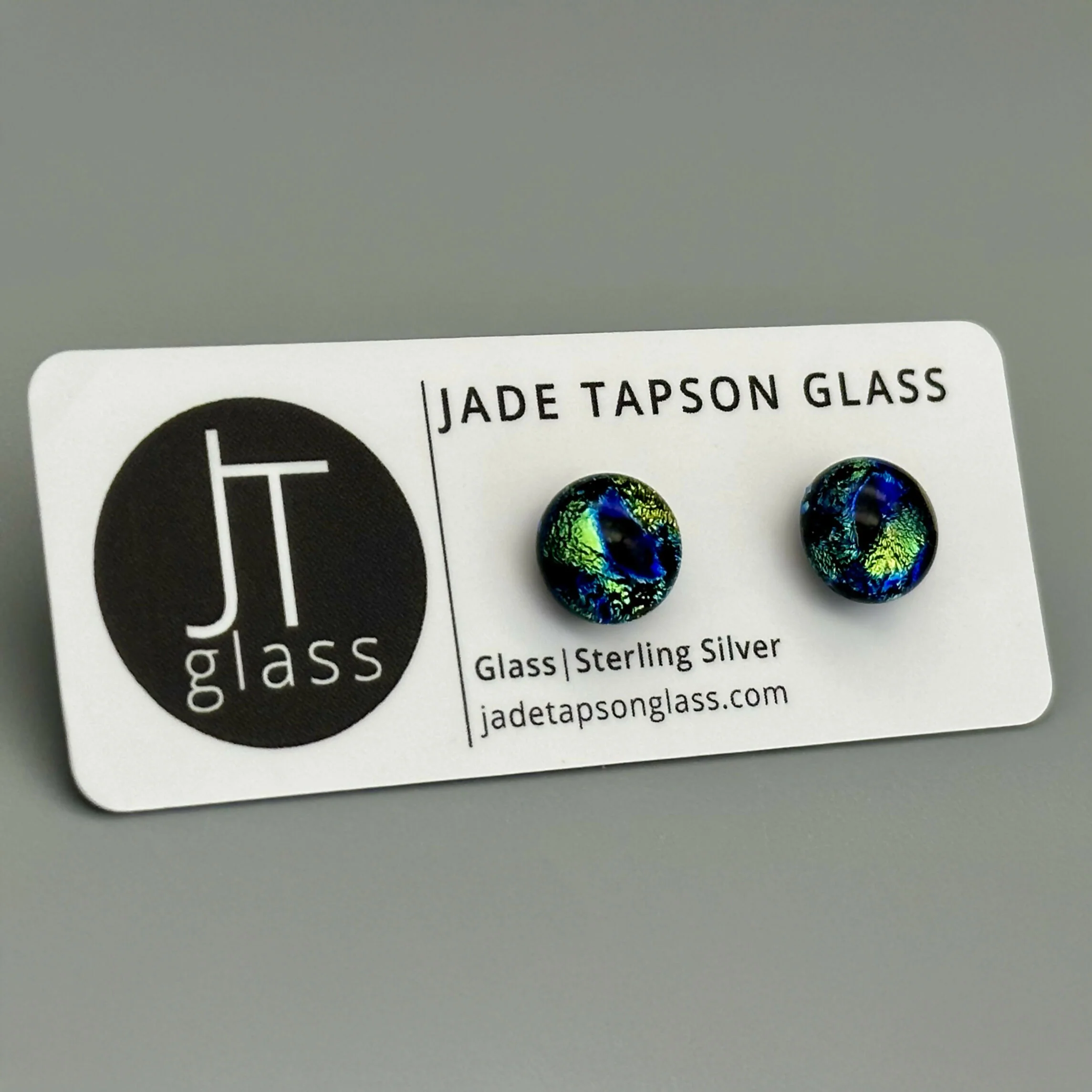 Green & Blue Raindrop Dichroic Fused Glass Sterling Silver Stud Earrings - Handmade by Jade Tapson Glass. - Image 3