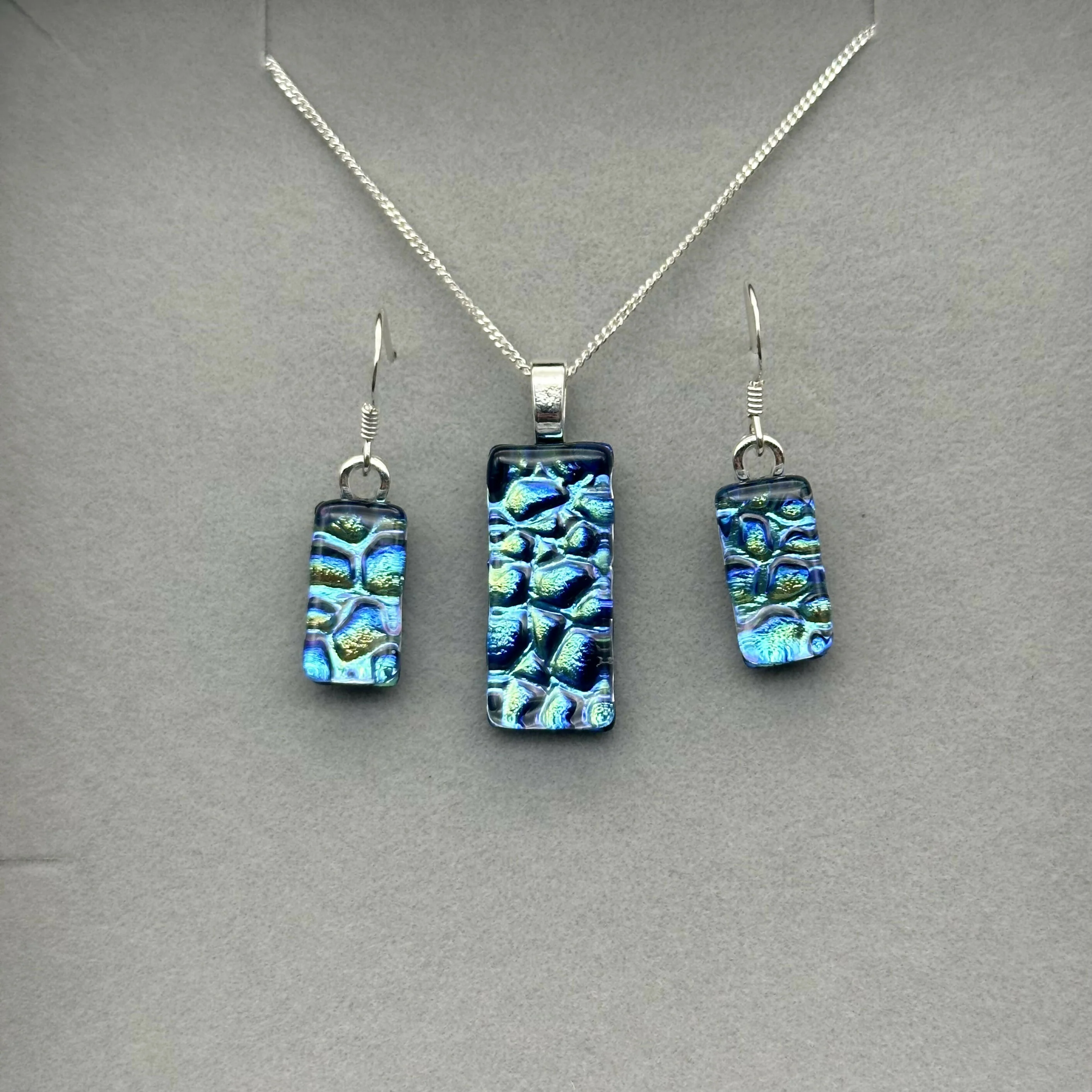 Green & Blue Raindrop Dichroic Glass Necklace and Earrings Set - Sterling Silver, Handmade by Jade Tapson Glass - Image 3