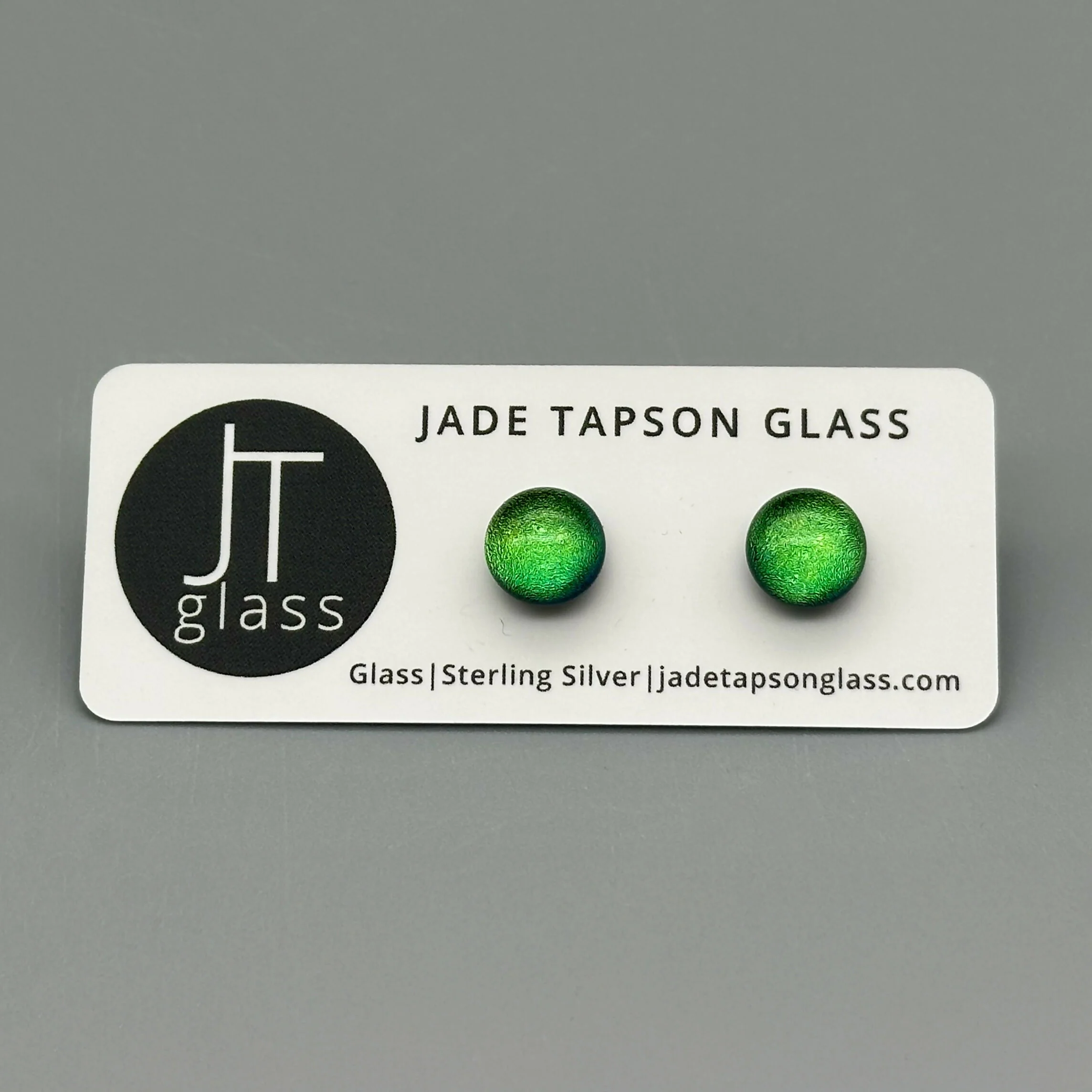 Green Dichroic Fused Glass Sterling Silver Stud Earrings - Handmade by Jade Tapson Glass.
