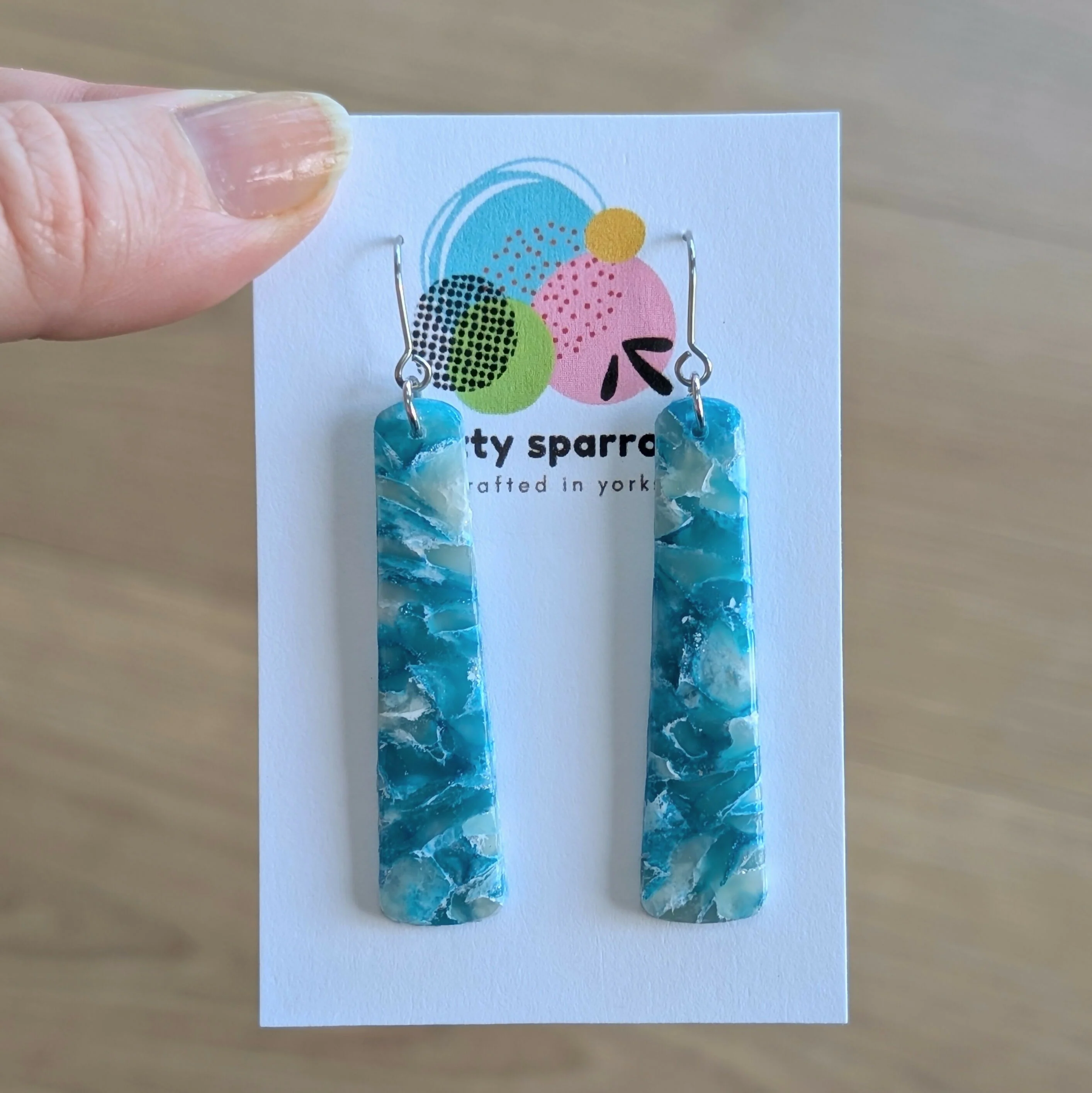 Blue & White Faux Stone Slim Hook Dangle Handmade Polymer Clay Earrings