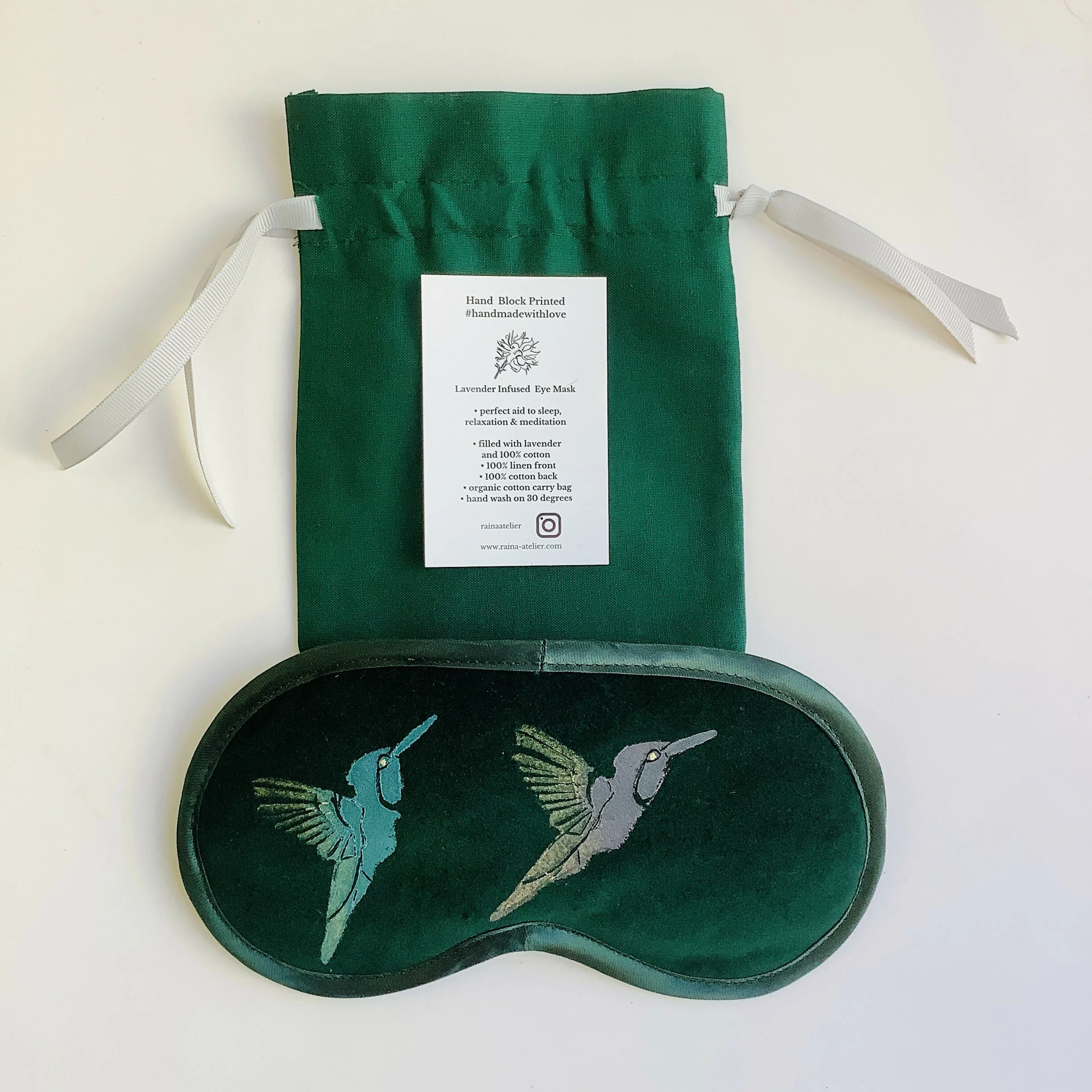 Green Hummingbird Velvet Lavender Eye Mask - Image 4