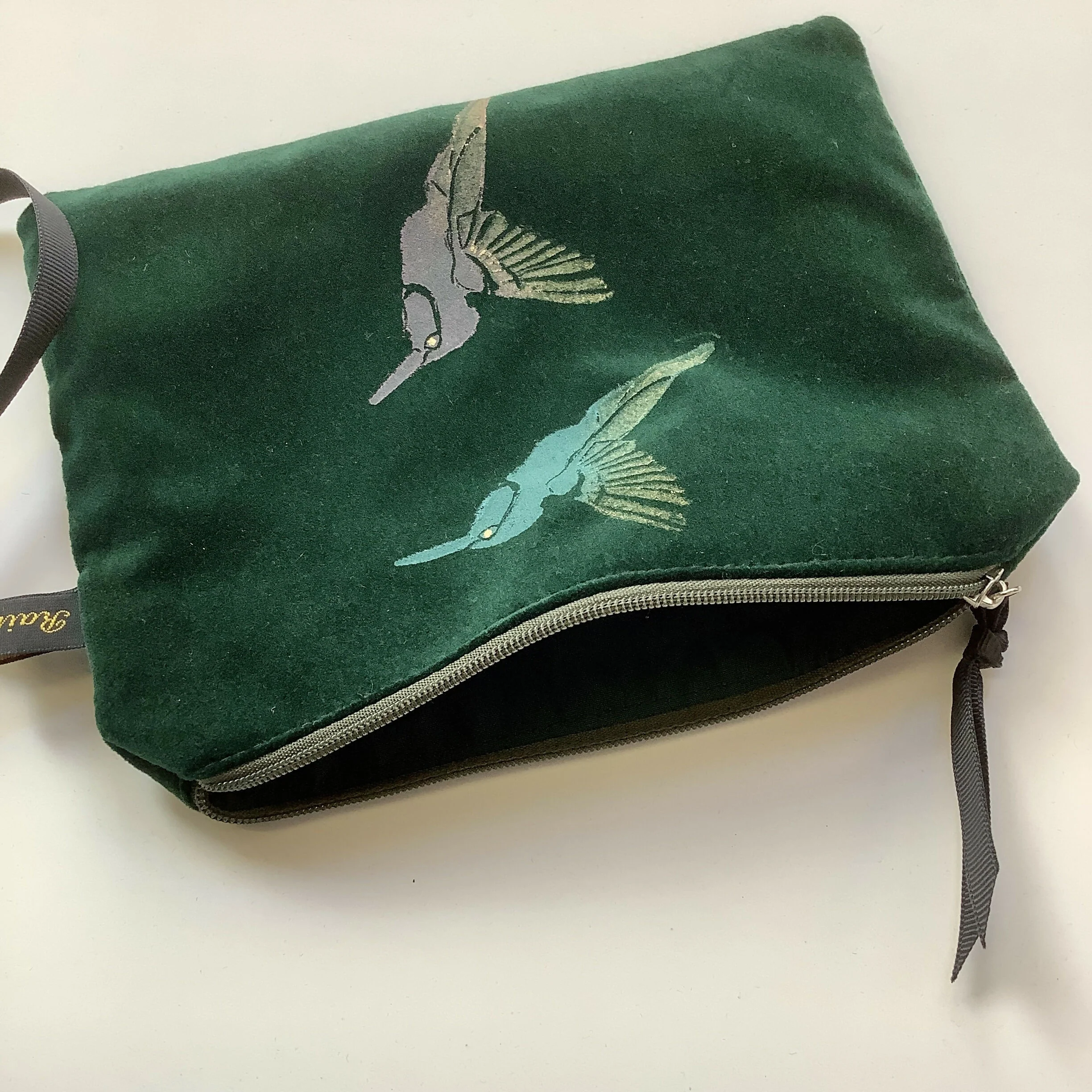 Green Hummingbirds Velvet Zip-Up Pouch with Wrist Strap - Image 3
