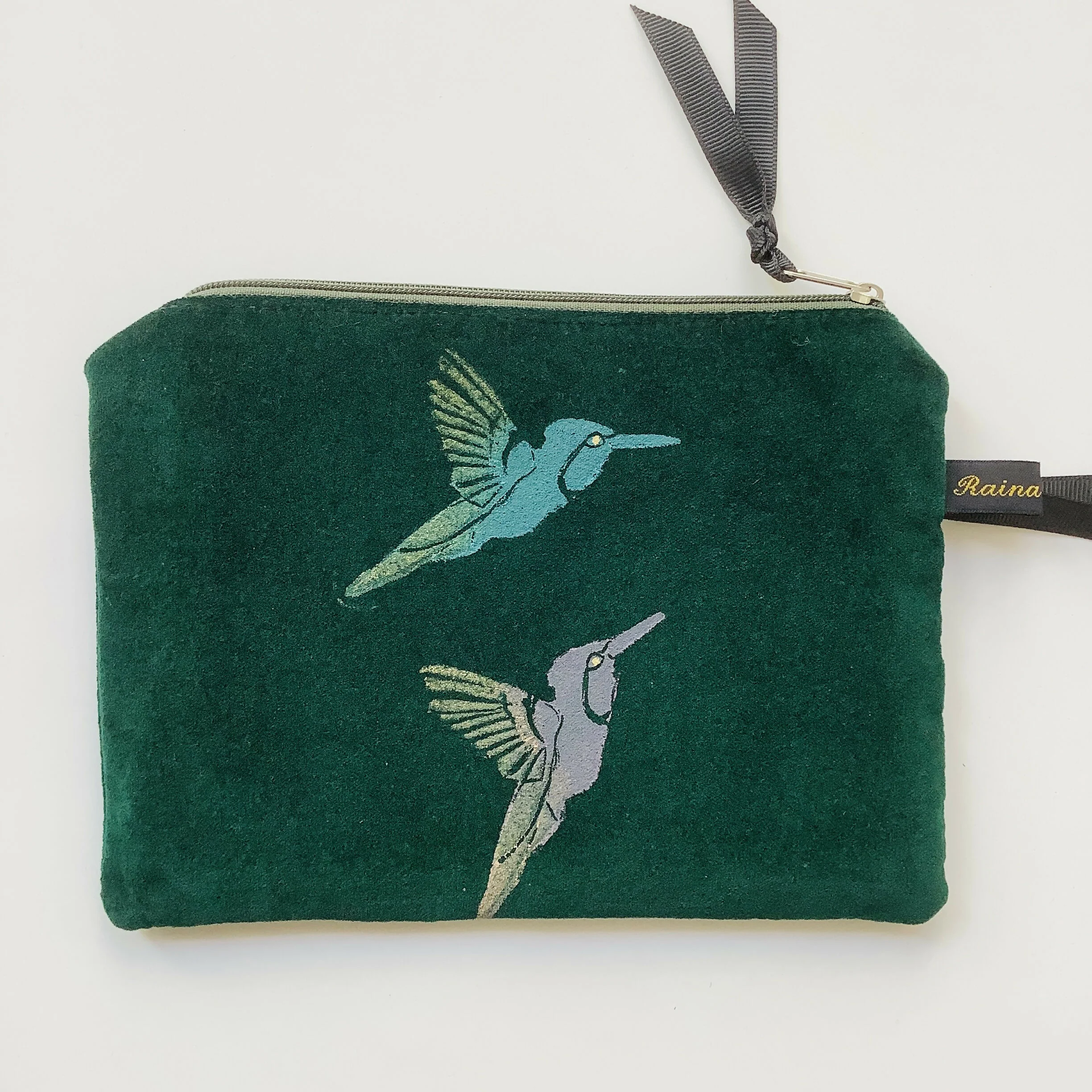 Green Hummingbirds Velvet Zip-Up Pouch with Wrist Strap - Image 4
