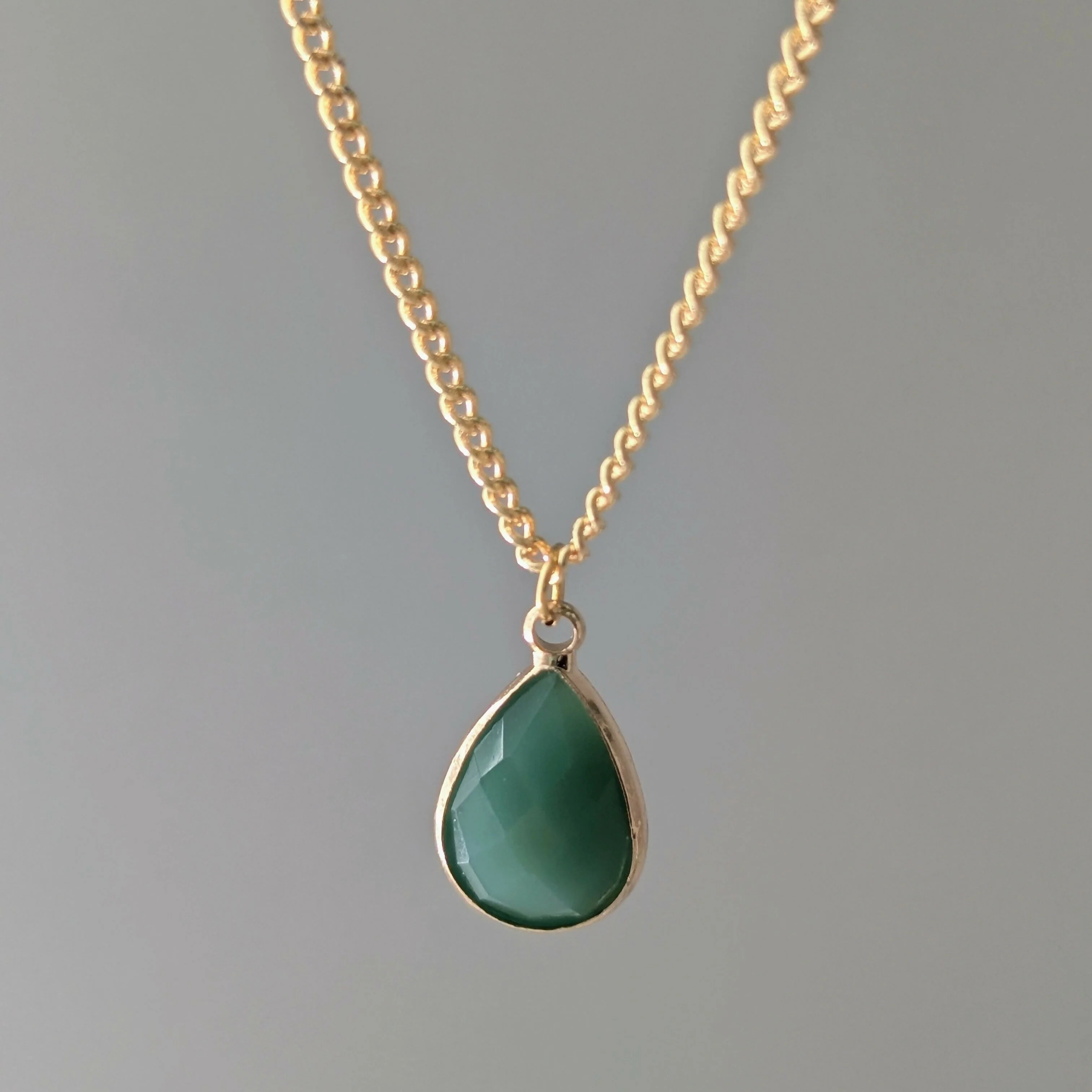 Green Jade Faceted Teardop Charm Necklace on a Gold Plated Chain - Image 2