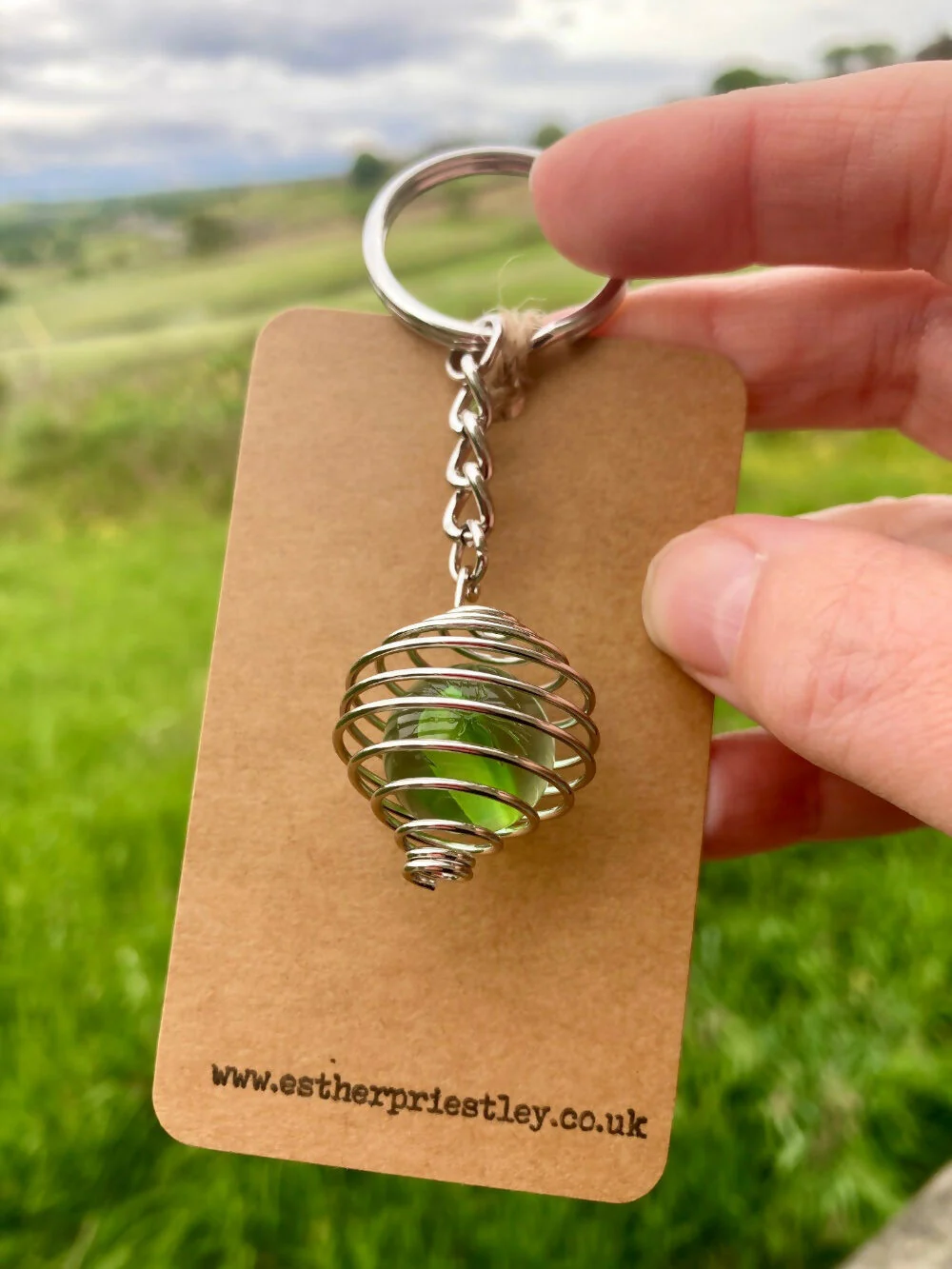 Green Vintage Glass Marble in Silver Plated Wire Cage on keyring