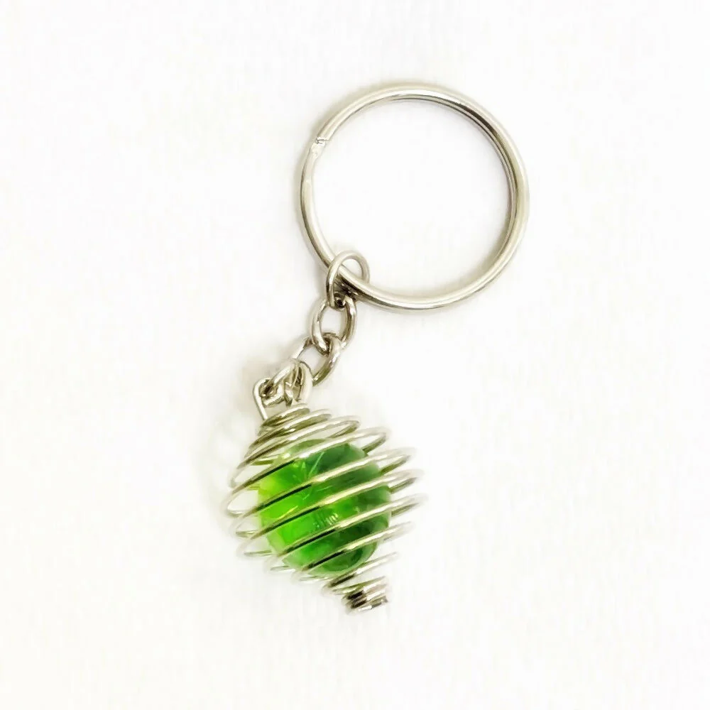 Green Vintage Glass Marble in Silver Plated Wire Cage on keyring - Image 3