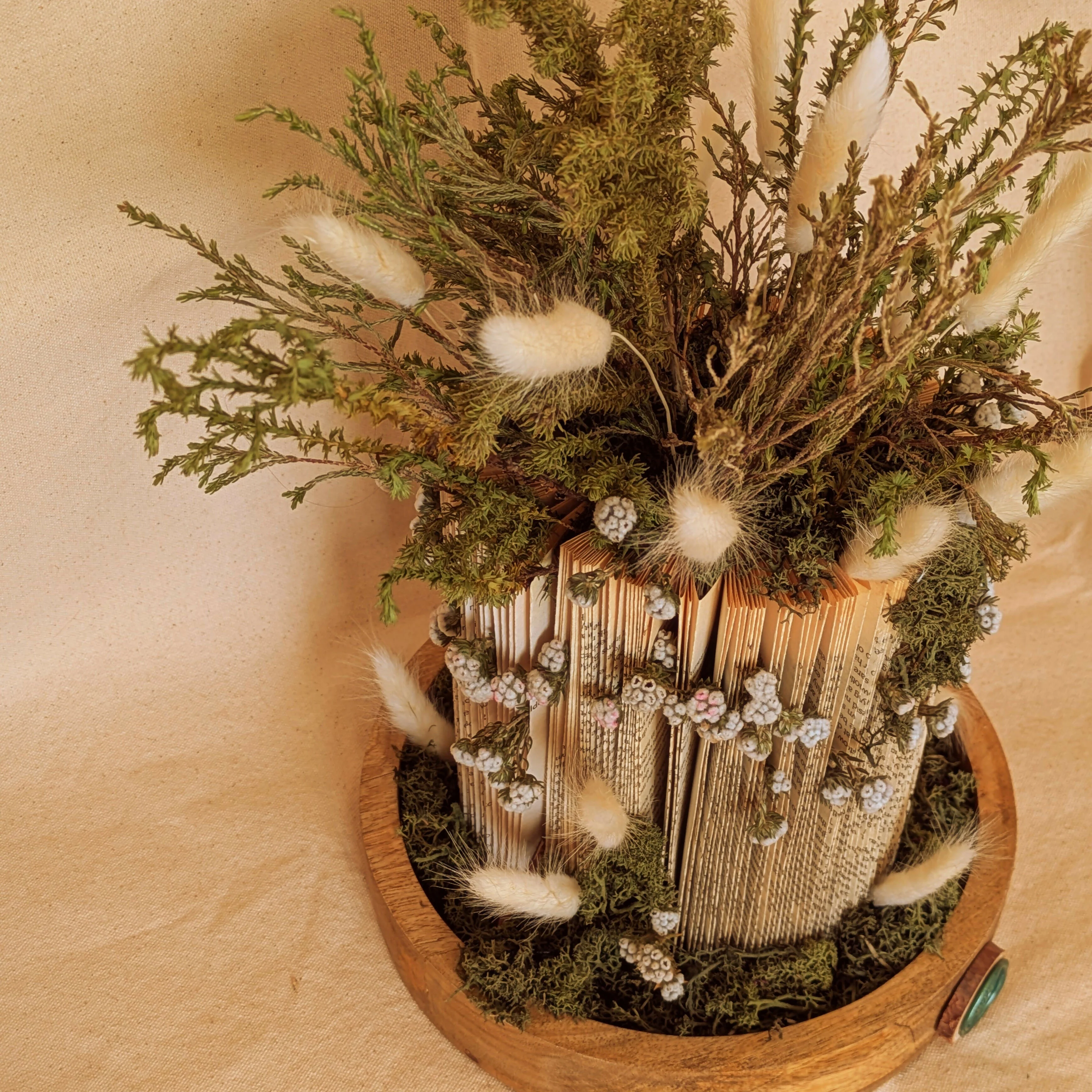 Green & White Floral Arrangement on Wooden Tray