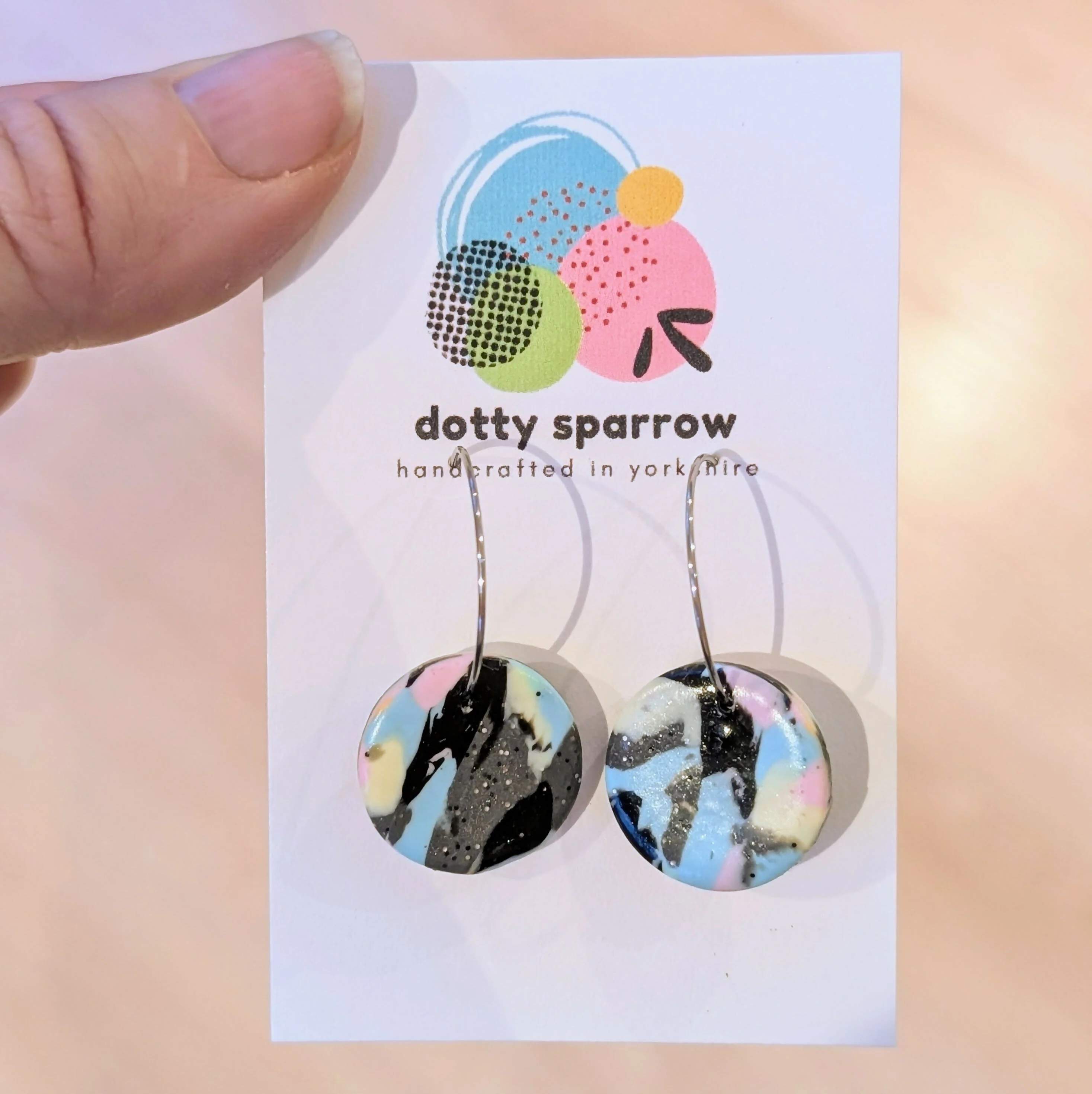 Grey & Pastel Abstract Circle Hoop Handmade Polymer Clay Earrings